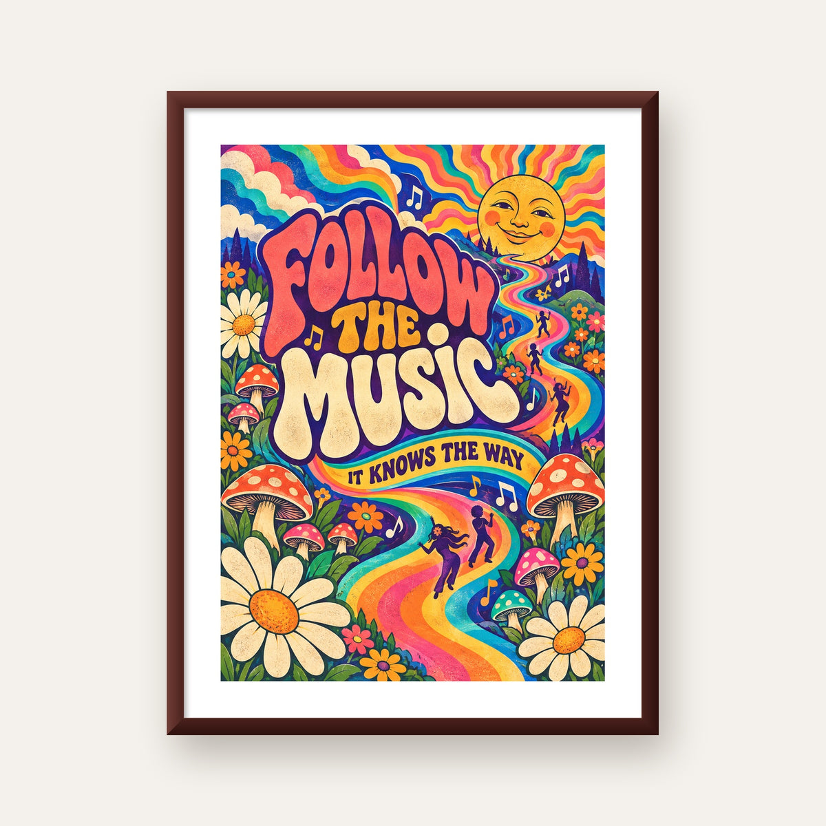 Psikedelik Müzik ve Doğa Temalı Renkli Poster – Dijital İllüstrasyon — ceviz çerçeveli paspartulu