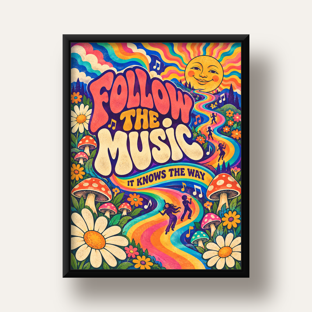 Psikedelik Müzik ve Doğa Temalı Renkli Poster – Dijital İllüstrasyon — siyah derin çerçeveli