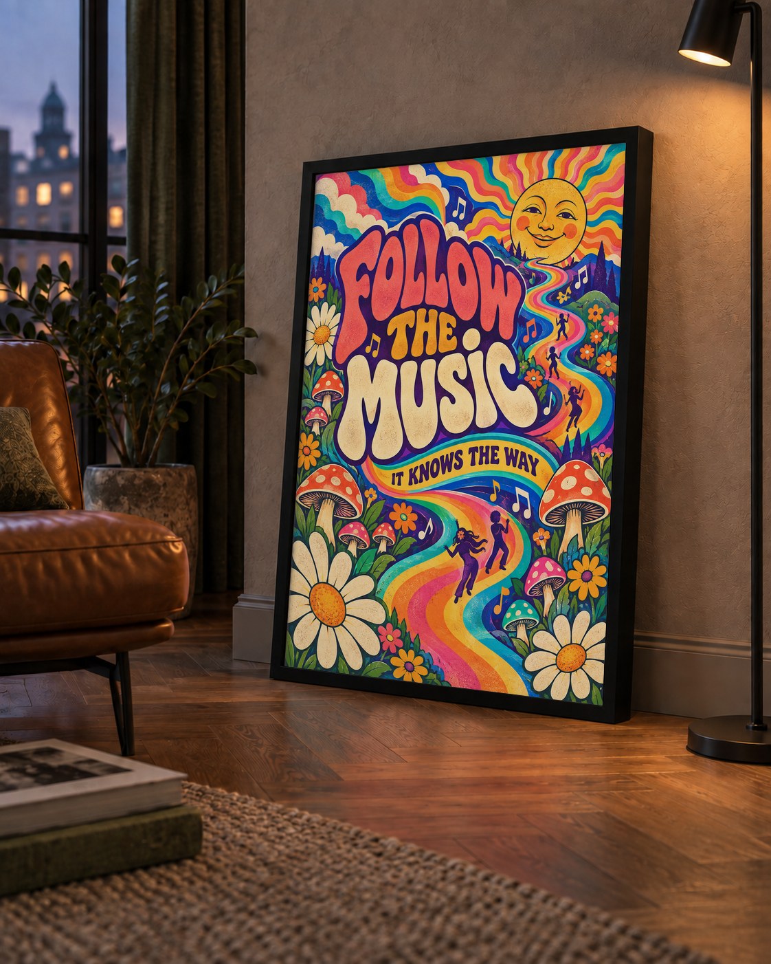 Psikedelik Müzik ve Doğa Temalı Renkli Poster – Dijital İllüstrasyon — çerçeveli hâliyle bir ev duvarında