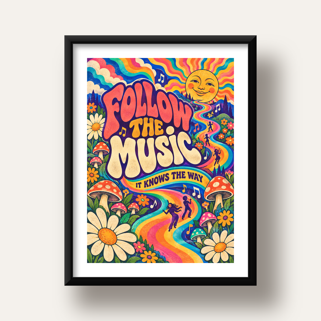 Psikedelik Müzik ve Doğa Temalı Renkli Poster – Dijital İllüstrasyon — siyah derin çerçeveli paspartulu