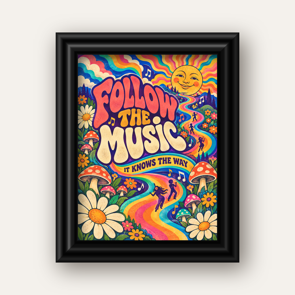 Psikedelik Müzik ve Doğa Temalı Renkli Poster – Dijital İllüstrasyon — siyah galeri çerçeveli