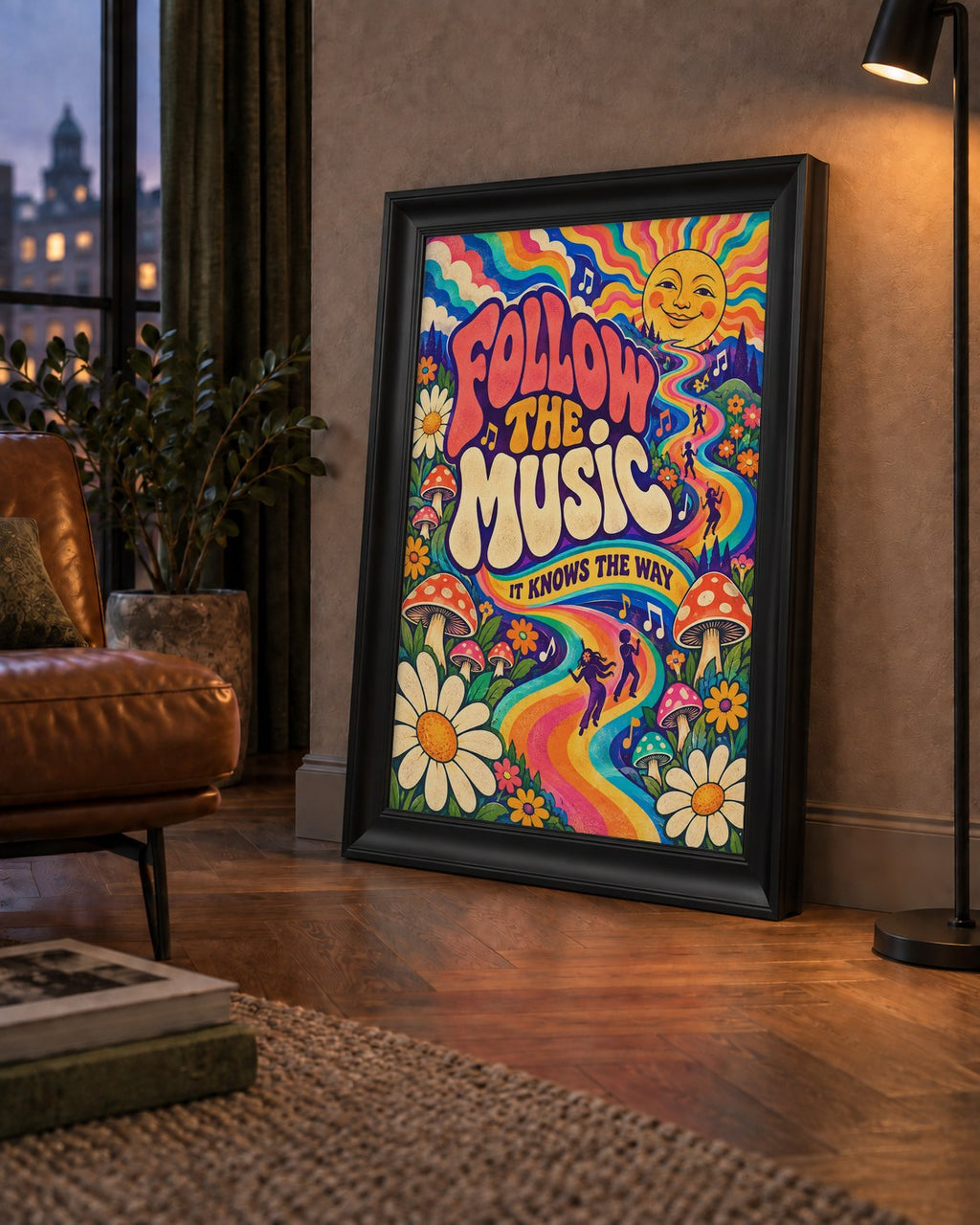 Psikedelik Müzik ve Doğa Temalı Renkli Poster – Dijital İllüstrasyon — çerçeveli hâliyle bir ev duvarında
