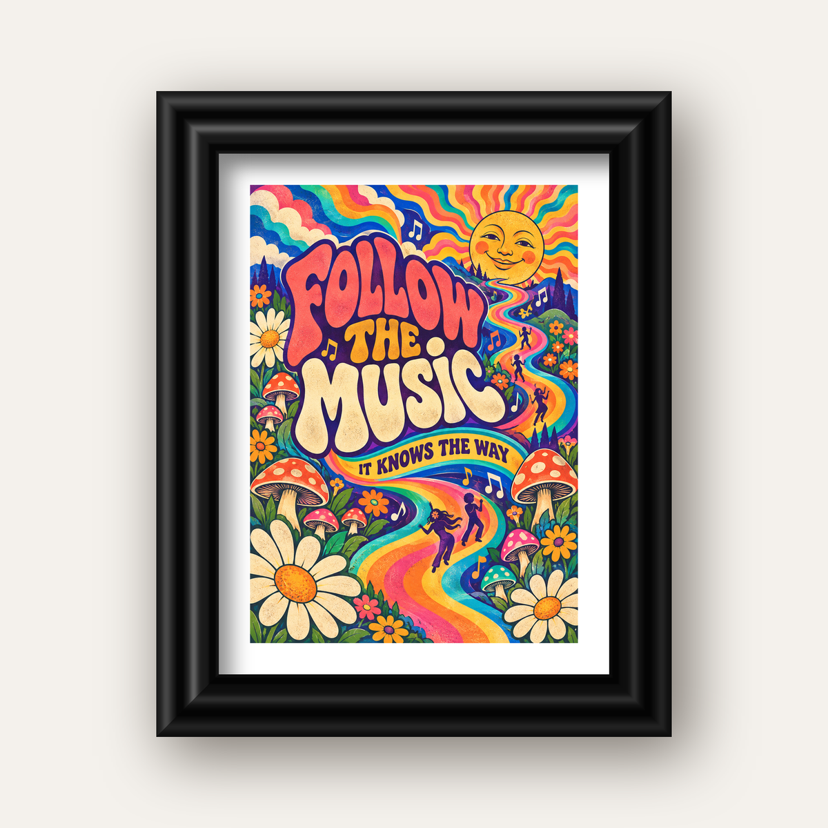 Psikedelik Müzik ve Doğa Temalı Renkli Poster – Dijital İllüstrasyon — siyah galeri çerçeveli paspartulu