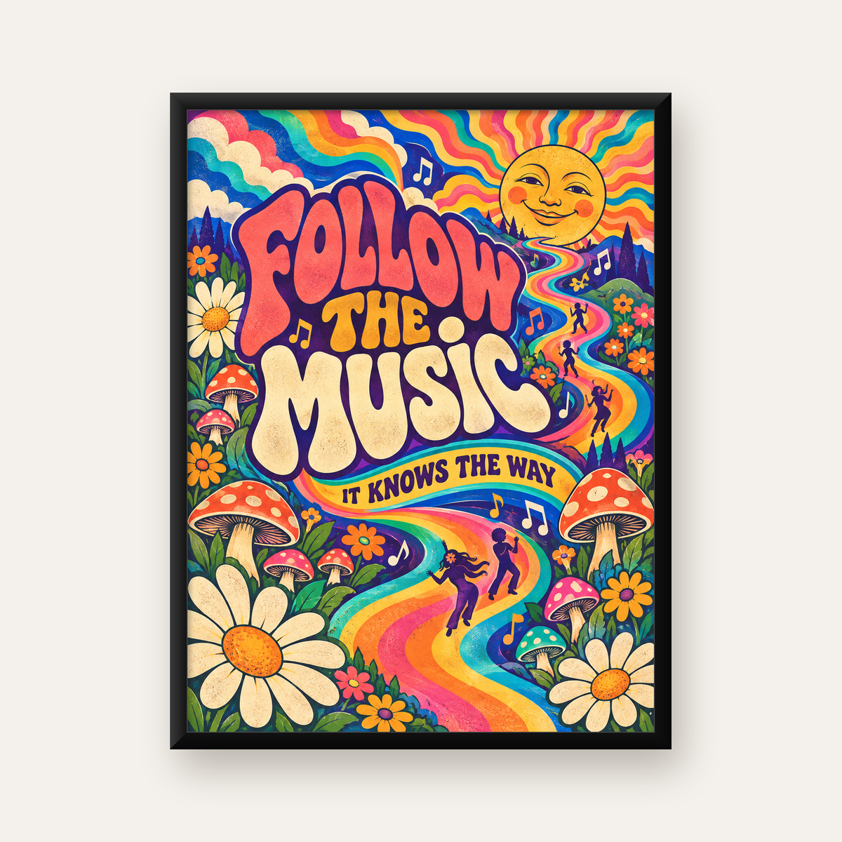 Psikedelik Müzik ve Doğa Temalı Renkli Poster – Dijital İllüstrasyon — Dikey baskı, düz siyah çerçeveli duvar posteri