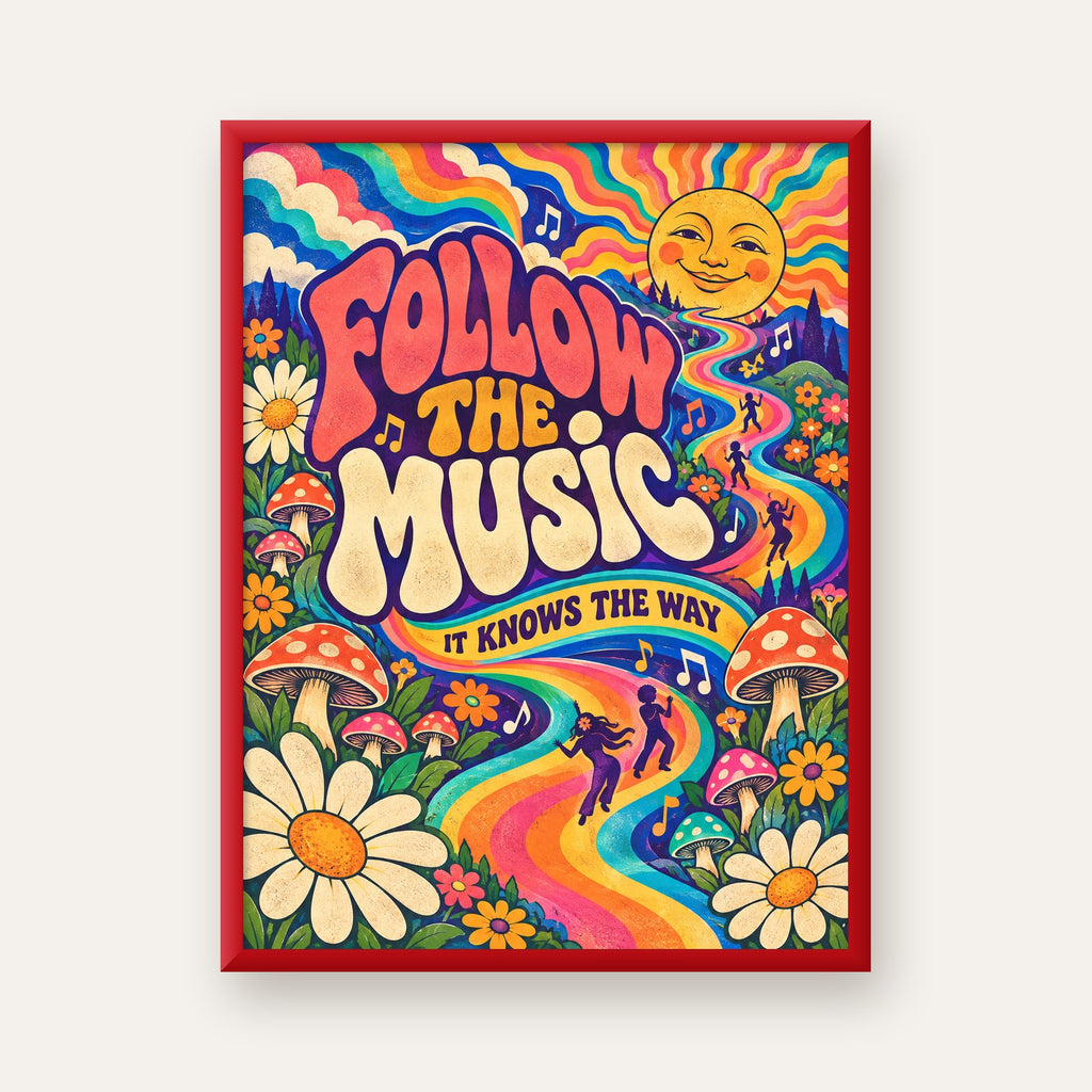 Psikedelik Müzik ve Doğa Temalı Renkli Poster – Dijital İllüstrasyon — kırmızı çerçeveli