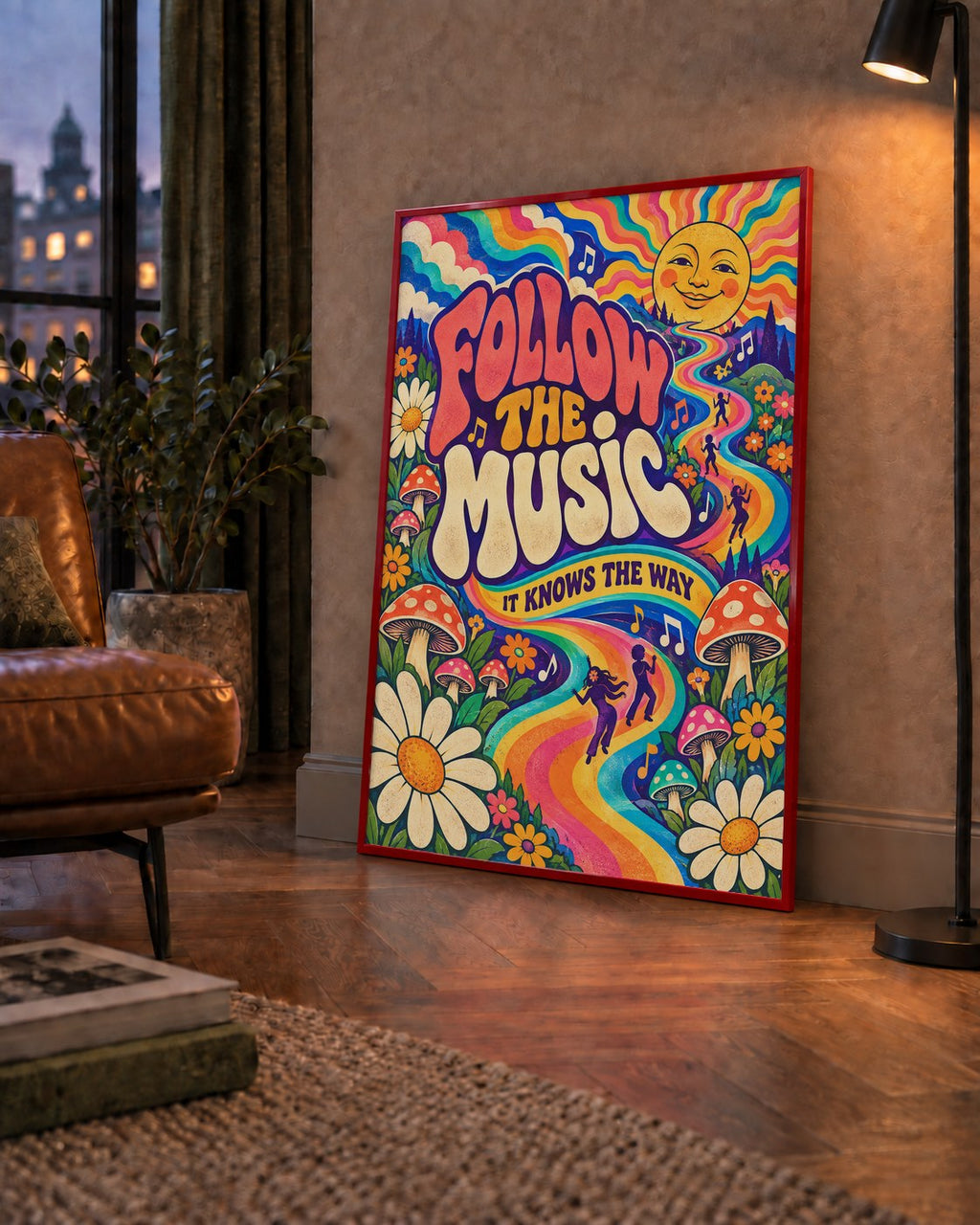 Psikedelik Müzik ve Doğa Temalı Renkli Poster – Dijital İllüstrasyon — çerçeveli hâliyle bir ev duvarında