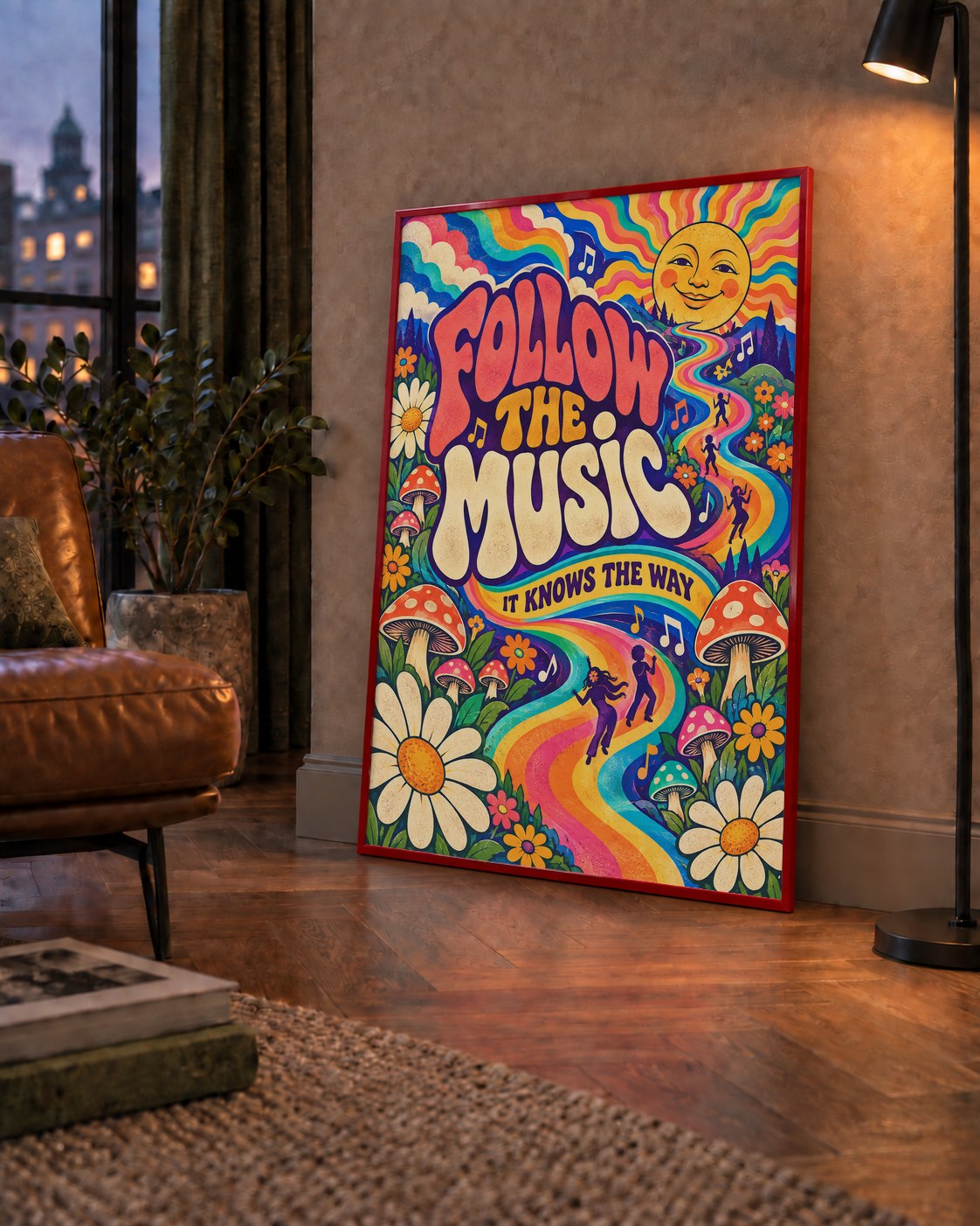 Psikedelik Müzik ve Doğa Temalı Renkli Poster – Dijital İllüstrasyon — çerçeveli hâliyle bir ev duvarında