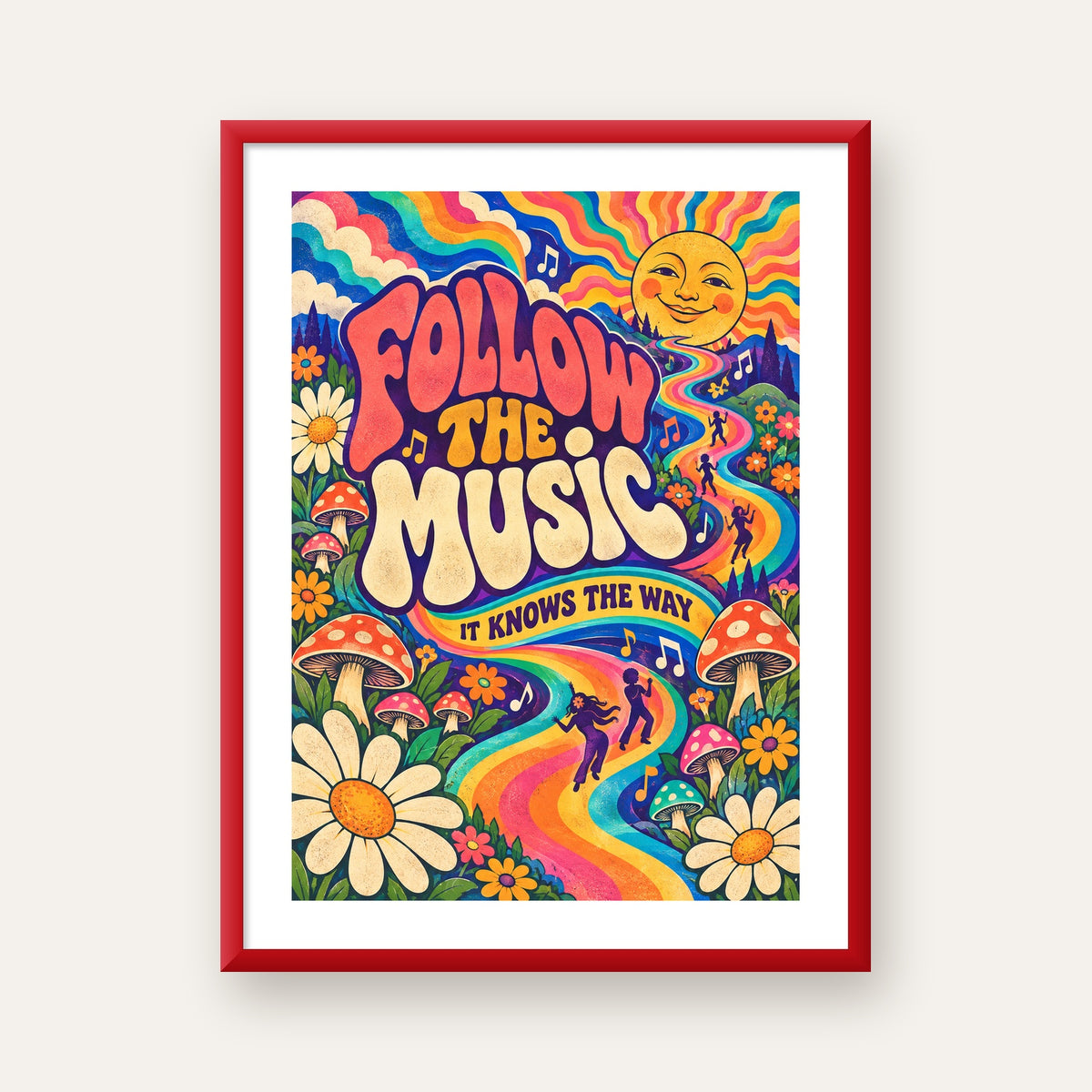 Psikedelik Müzik ve Doğa Temalı Renkli Poster – Dijital İllüstrasyon — kırmızı çerçeveli paspartulu