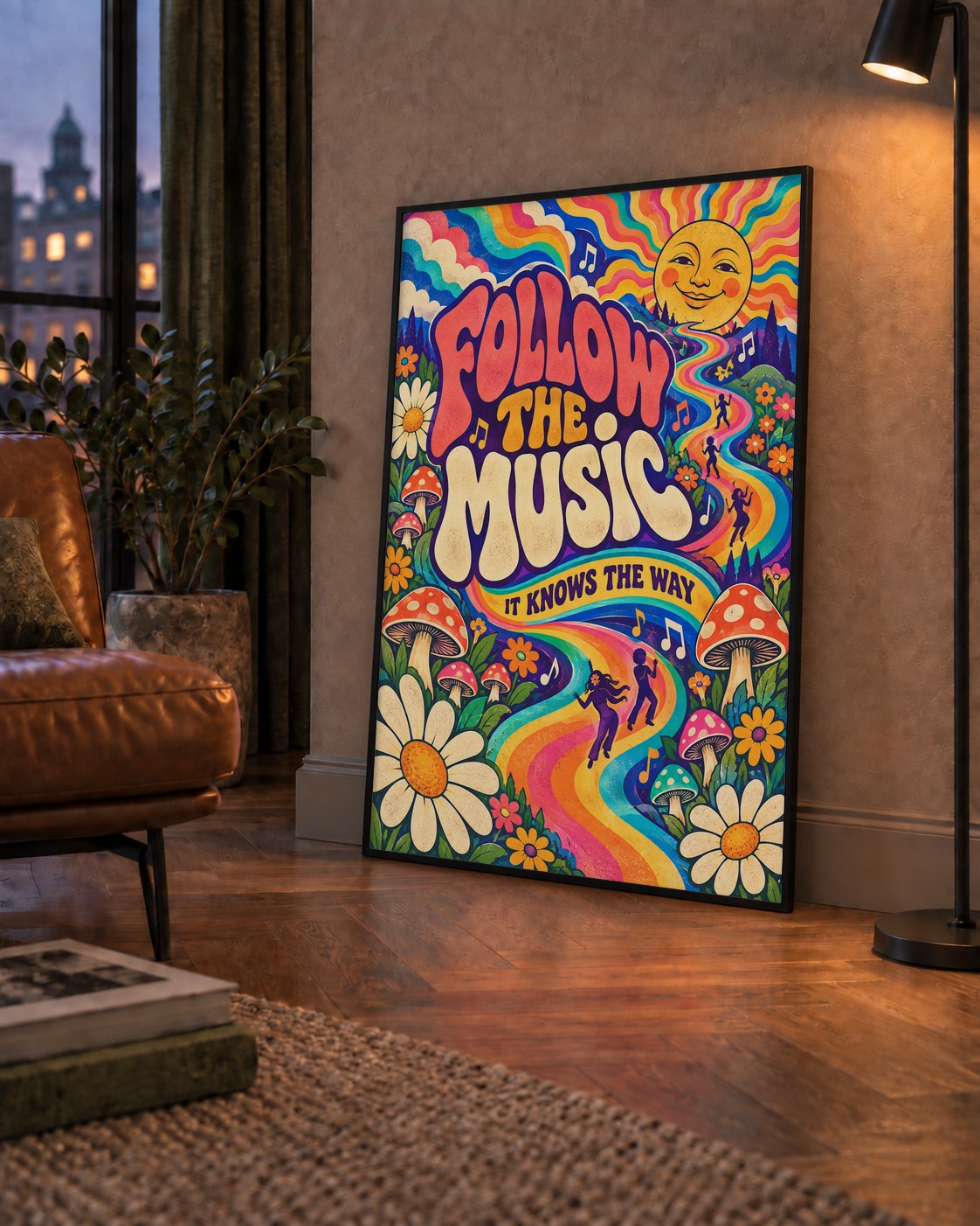 Psikedelik Müzik ve Doğa Temalı Renkli Poster – Dijital İllüstrasyon — çerçeveli hâliyle bir ev duvarında