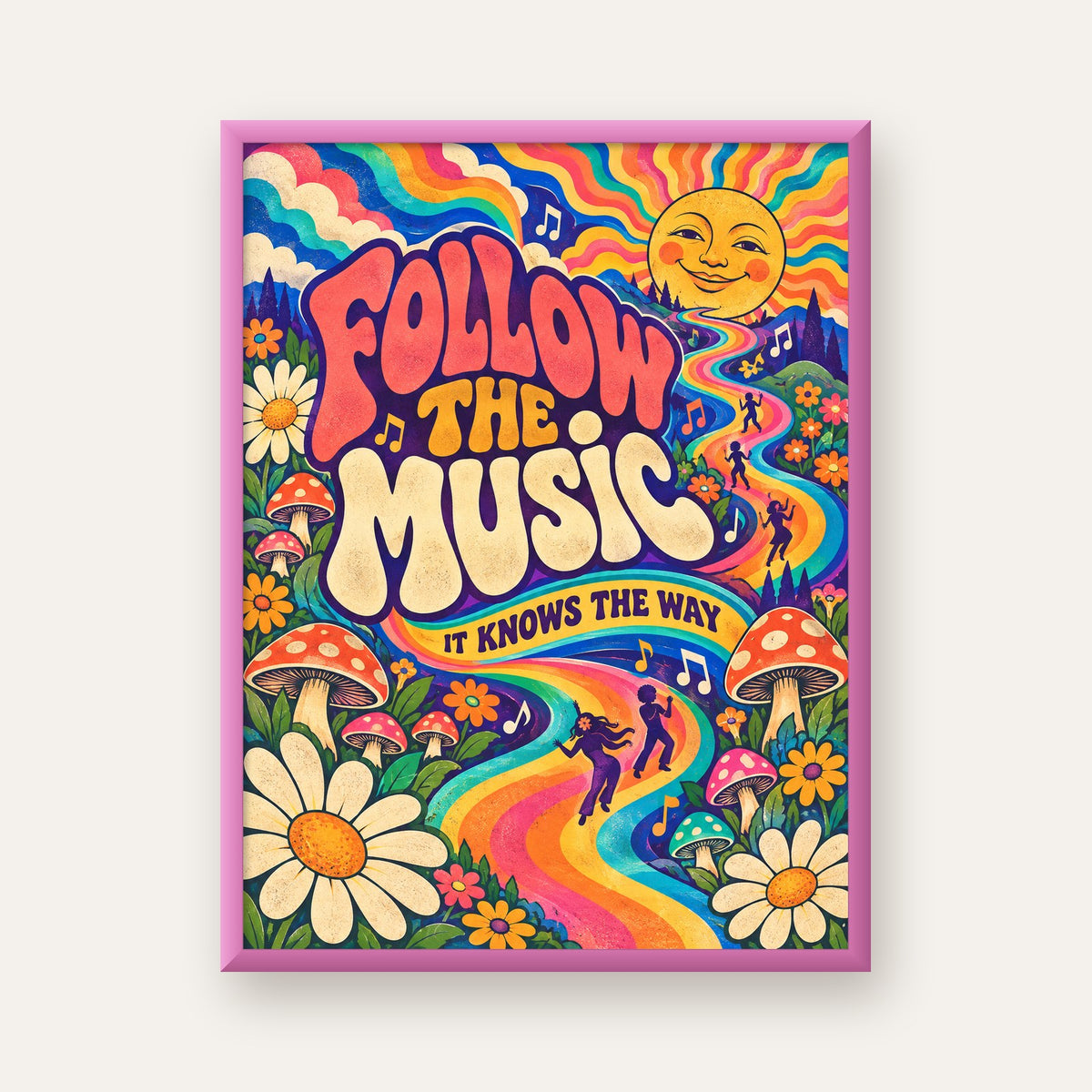 Psikedelik Müzik ve Doğa Temalı Renkli Poster – Dijital İllüstrasyon — pembe çerçeveli