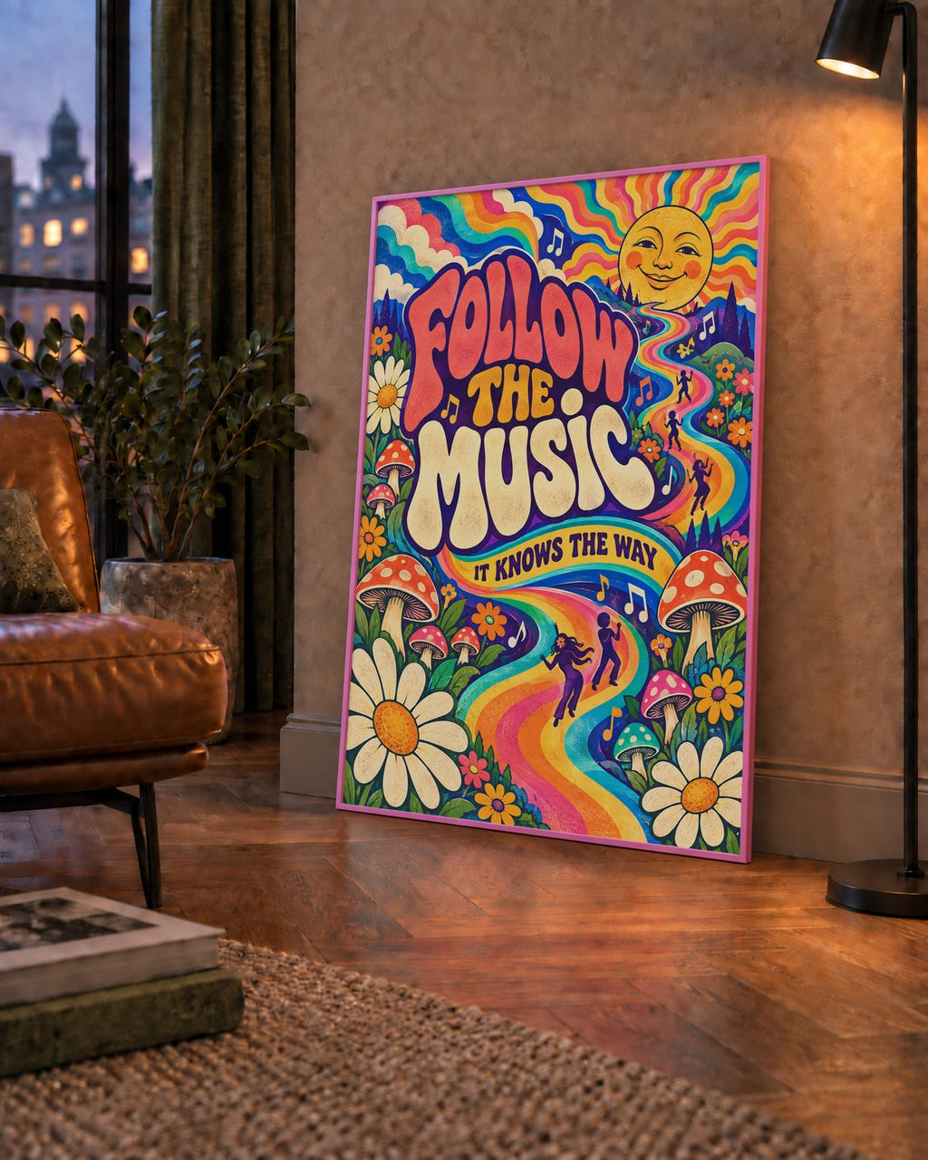 Psikedelik Müzik ve Doğa Temalı Renkli Poster – Dijital İllüstrasyon — çerçeveli hâliyle bir ev duvarında