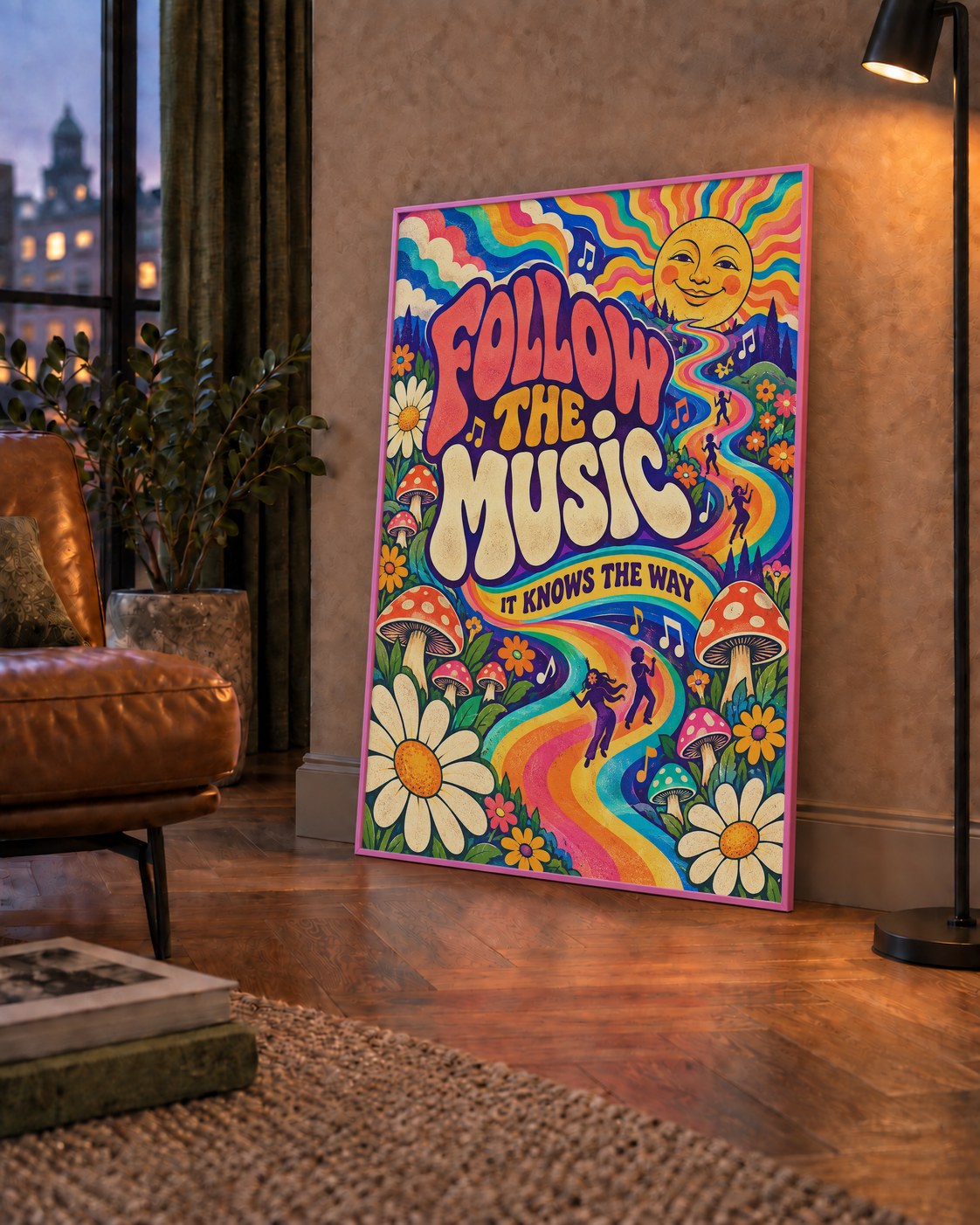 Psikedelik Müzik ve Doğa Temalı Renkli Poster – Dijital İllüstrasyon — çerçeveli hâliyle bir ev duvarında