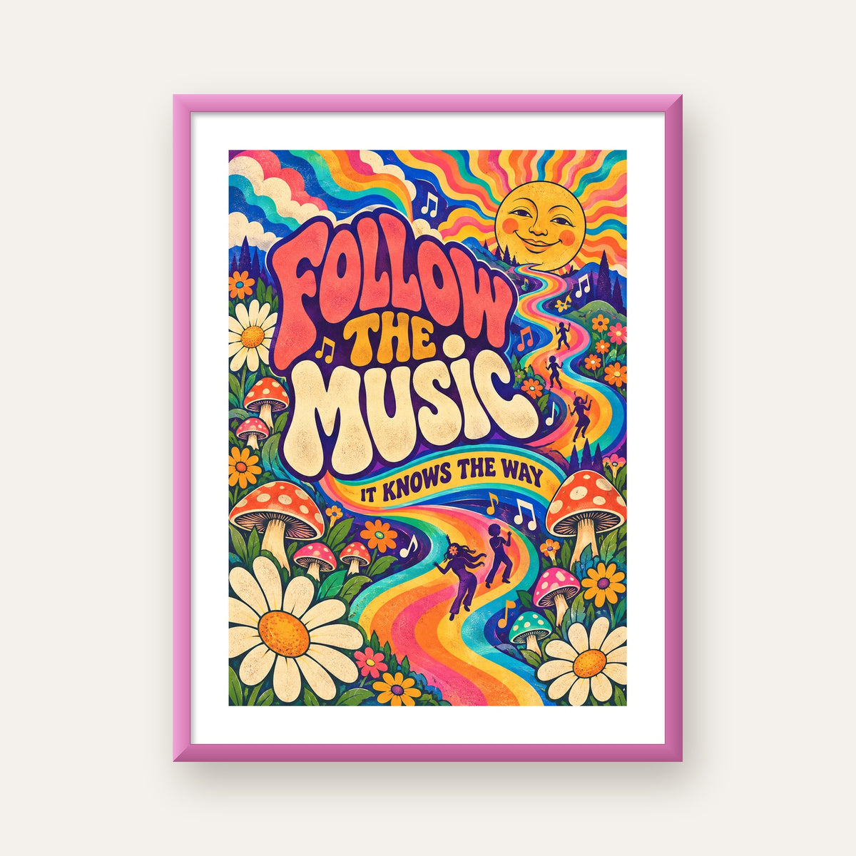 Psikedelik Müzik ve Doğa Temalı Renkli Poster – Dijital İllüstrasyon — pembe çerçeveli paspartulu