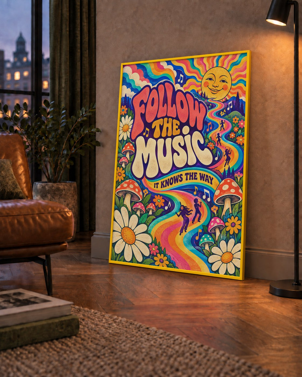 Psikedelik Müzik ve Doğa Temalı Renkli Poster – Dijital İllüstrasyon — çerçeveli hâliyle bir ev duvarında