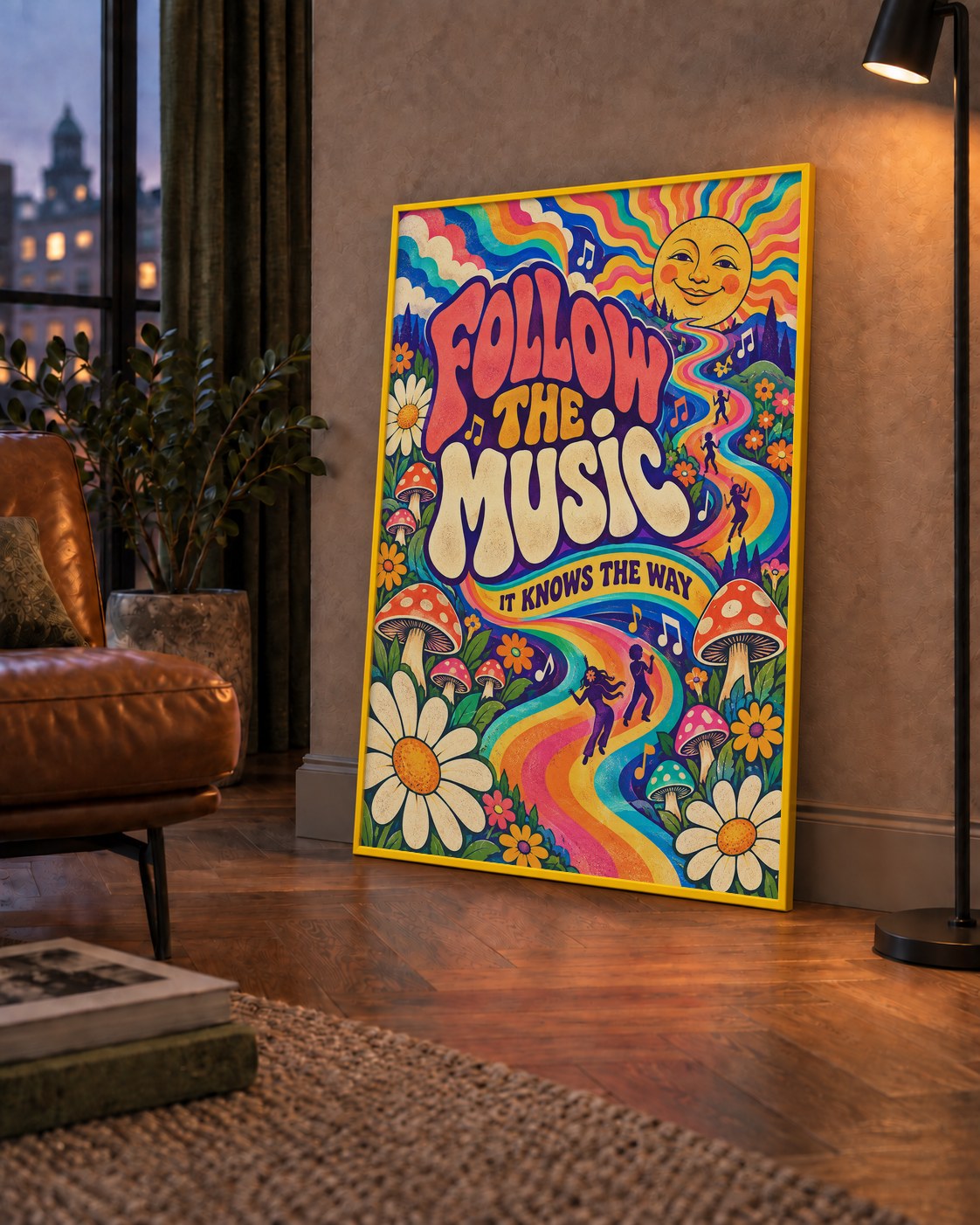 Psikedelik Müzik ve Doğa Temalı Renkli Poster – Dijital İllüstrasyon — çerçeveli hâliyle bir ev duvarında