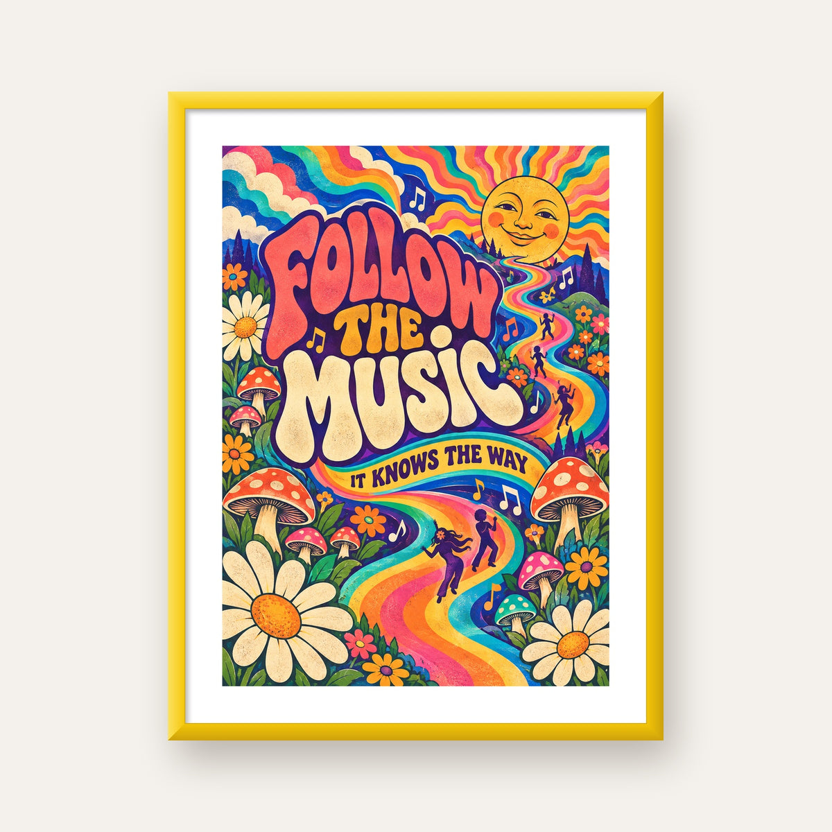 Psikedelik Müzik ve Doğa Temalı Renkli Poster – Dijital İllüstrasyon — sarı çerçeveli paspartulu