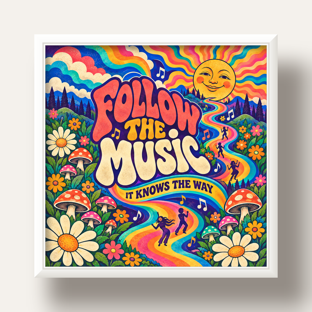 Psikedelik Müzik ve Doğa Temalı Renkli Poster – Dijital İllüstrasyon — beyaz derin çerçeveli