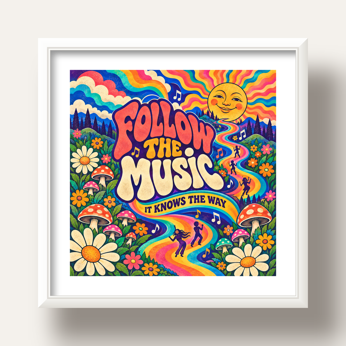 Psikedelik Müzik ve Doğa Temalı Renkli Poster – Dijital İllüstrasyon — beyaz derin çerçeveli paspartulu