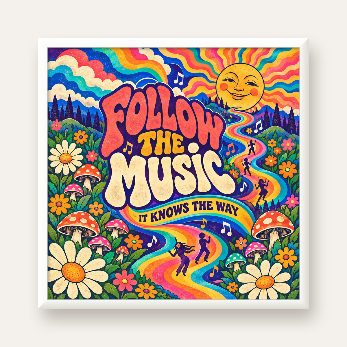 Psikedelik Müzik ve Doğa Temalı Renkli Poster – Dijital İllüstrasyon — beyaz çerçeveli kare poster