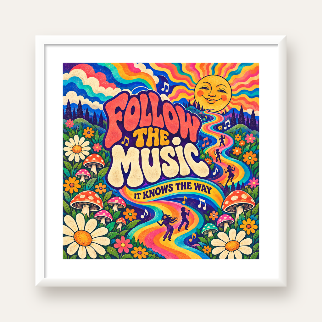 Psikedelik Müzik ve Doğa Temalı Renkli Poster – Dijital İllüstrasyon — beyaz çerçeveli kare poster