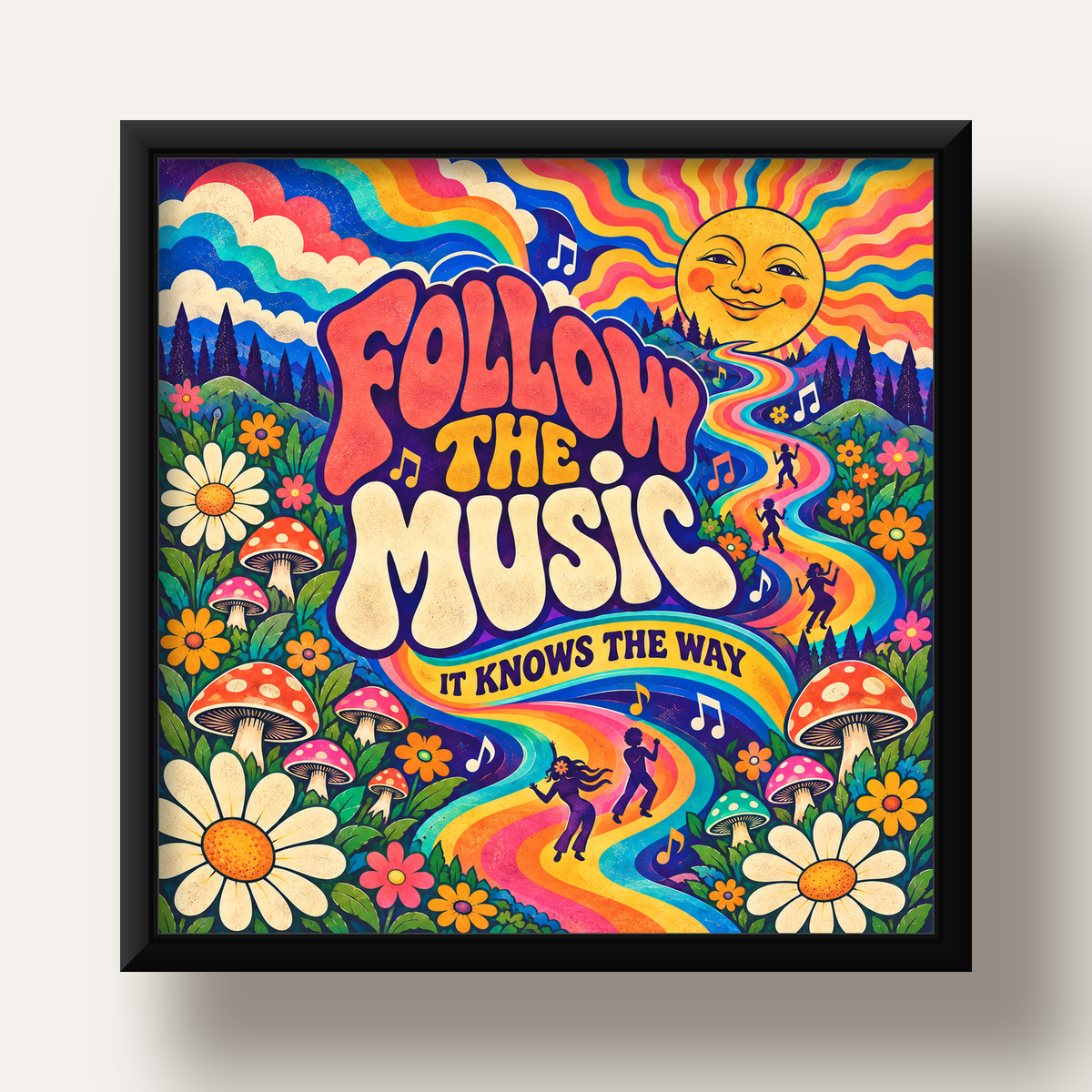 Psikedelik Müzik ve Doğa Temalı Renkli Poster – Dijital İllüstrasyon — siyah derin çerçeveli
