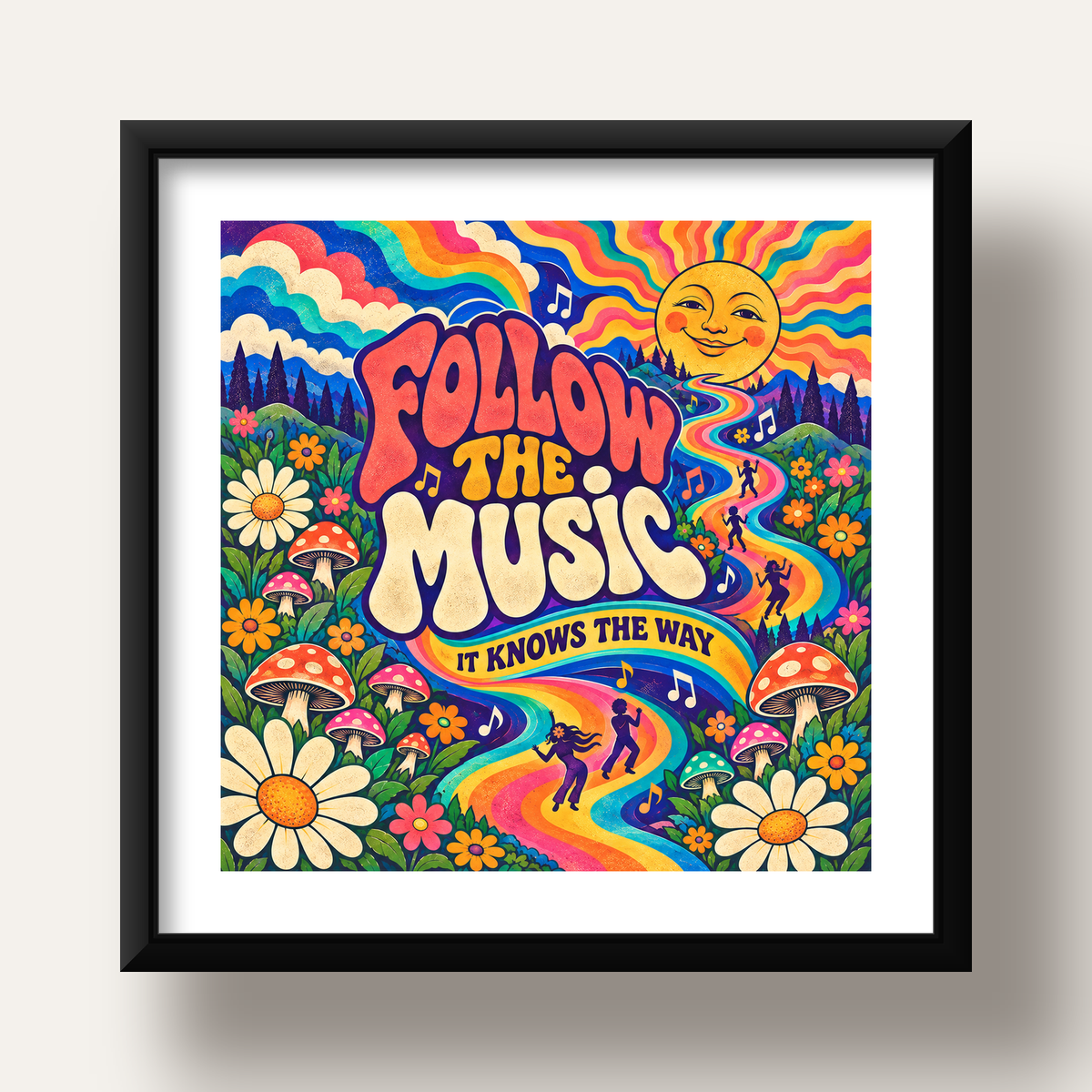 Psikedelik Müzik ve Doğa Temalı Renkli Poster – Dijital İllüstrasyon — siyah derin çerçeveli paspartulu