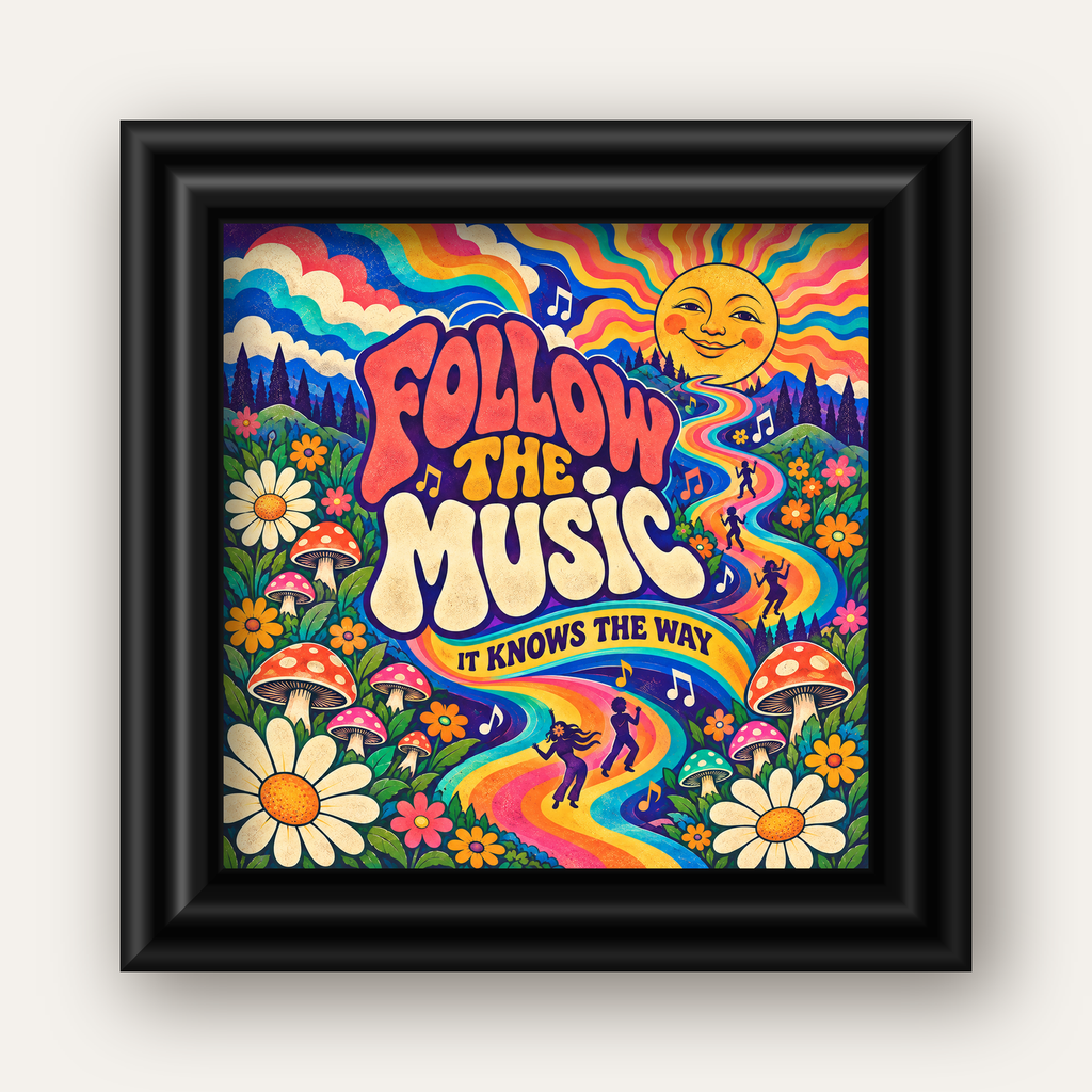 Psikedelik Müzik ve Doğa Temalı Renkli Poster – Dijital İllüstrasyon — siyah galeri çerçeveli