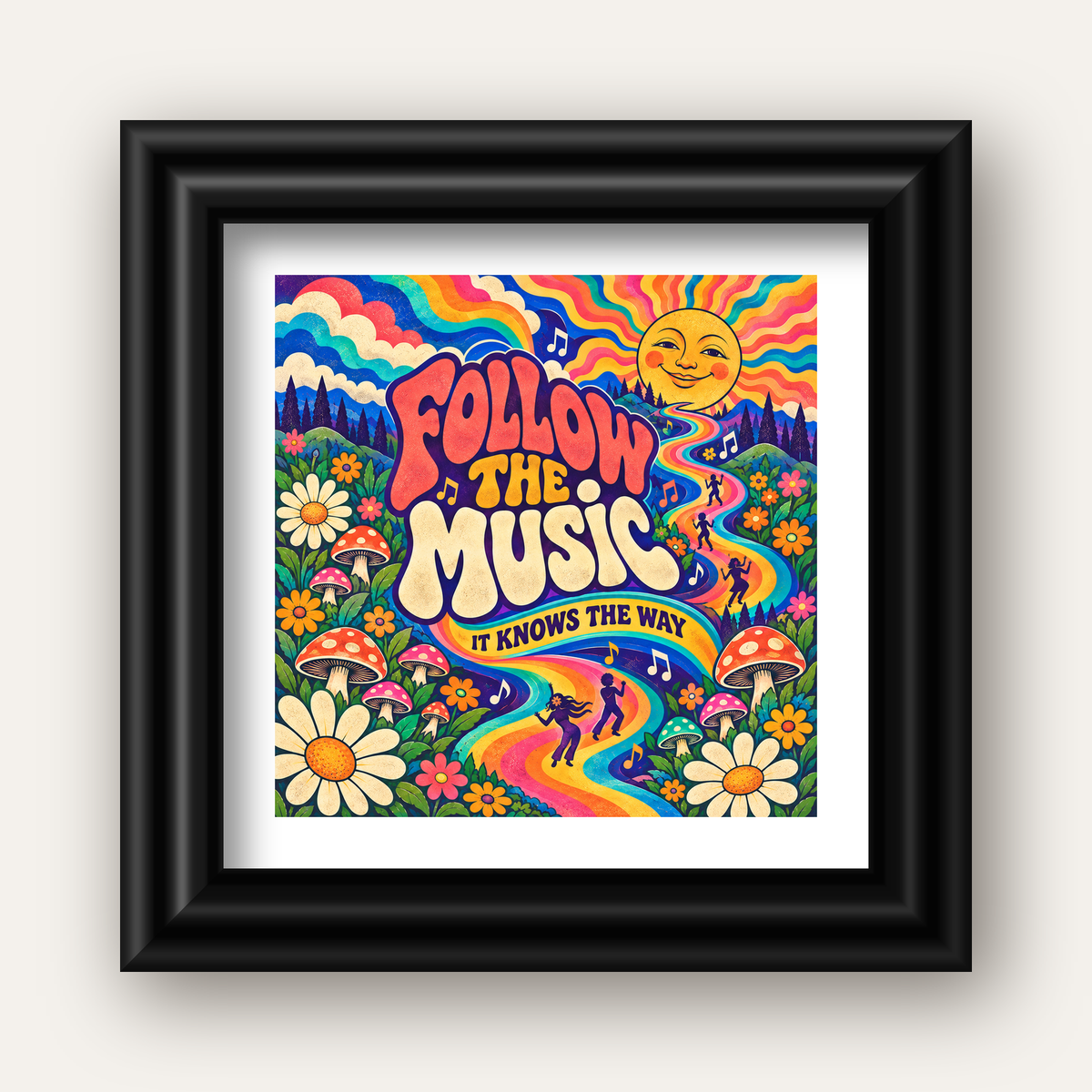 Psikedelik Müzik ve Doğa Temalı Renkli Poster – Dijital İllüstrasyon — siyah galeri çerçeveli paspartulu