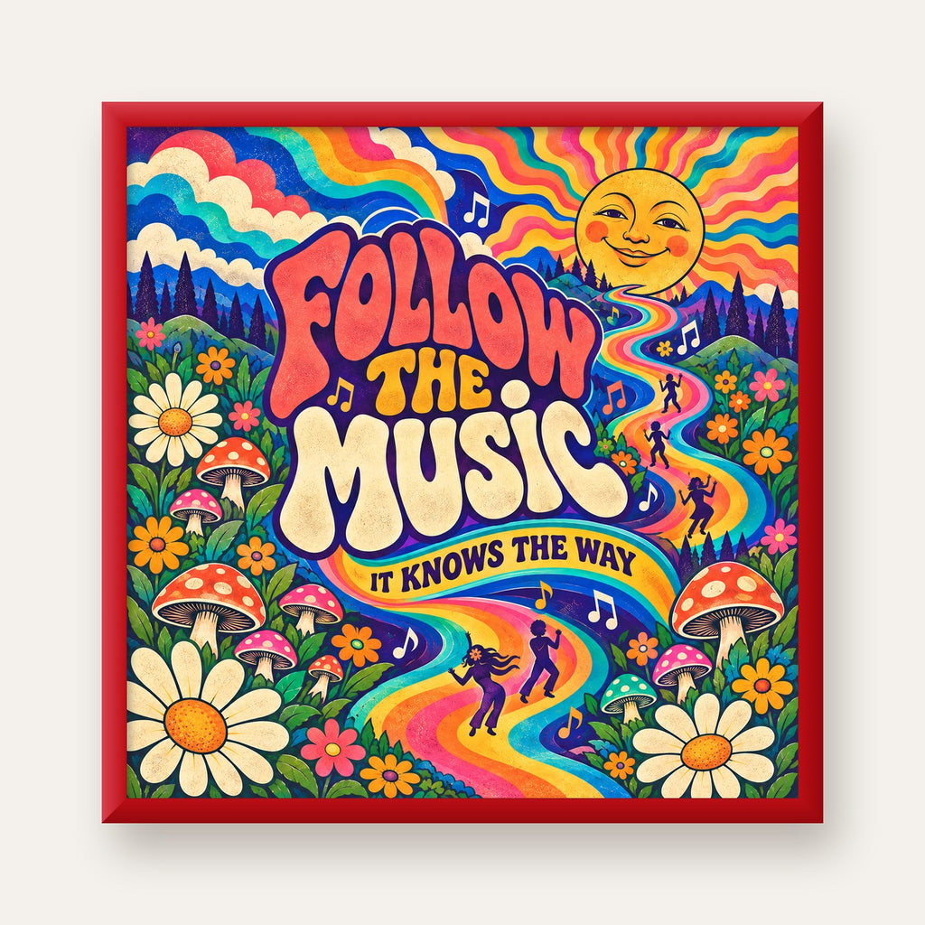 Psikedelik Müzik ve Doğa Temalı Renkli Poster – Dijital İllüstrasyon — kırmızı çerçeveli