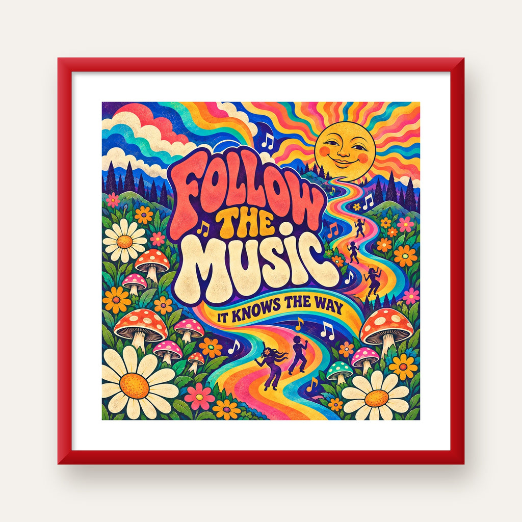 Psikedelik Müzik ve Doğa Temalı Renkli Poster – Dijital İllüstrasyon — kırmızı çerçeveli paspartulu