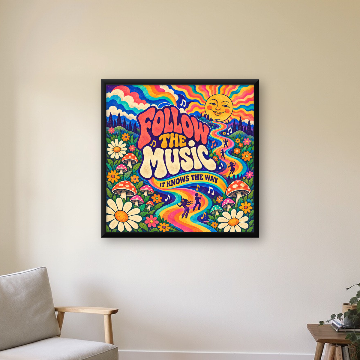 Psikedelik Müzik ve Doğa Temalı Renkli Poster – Dijital İllüstrasyon — Kare baskı, çerçeveli hâliyle bir ev duvarında