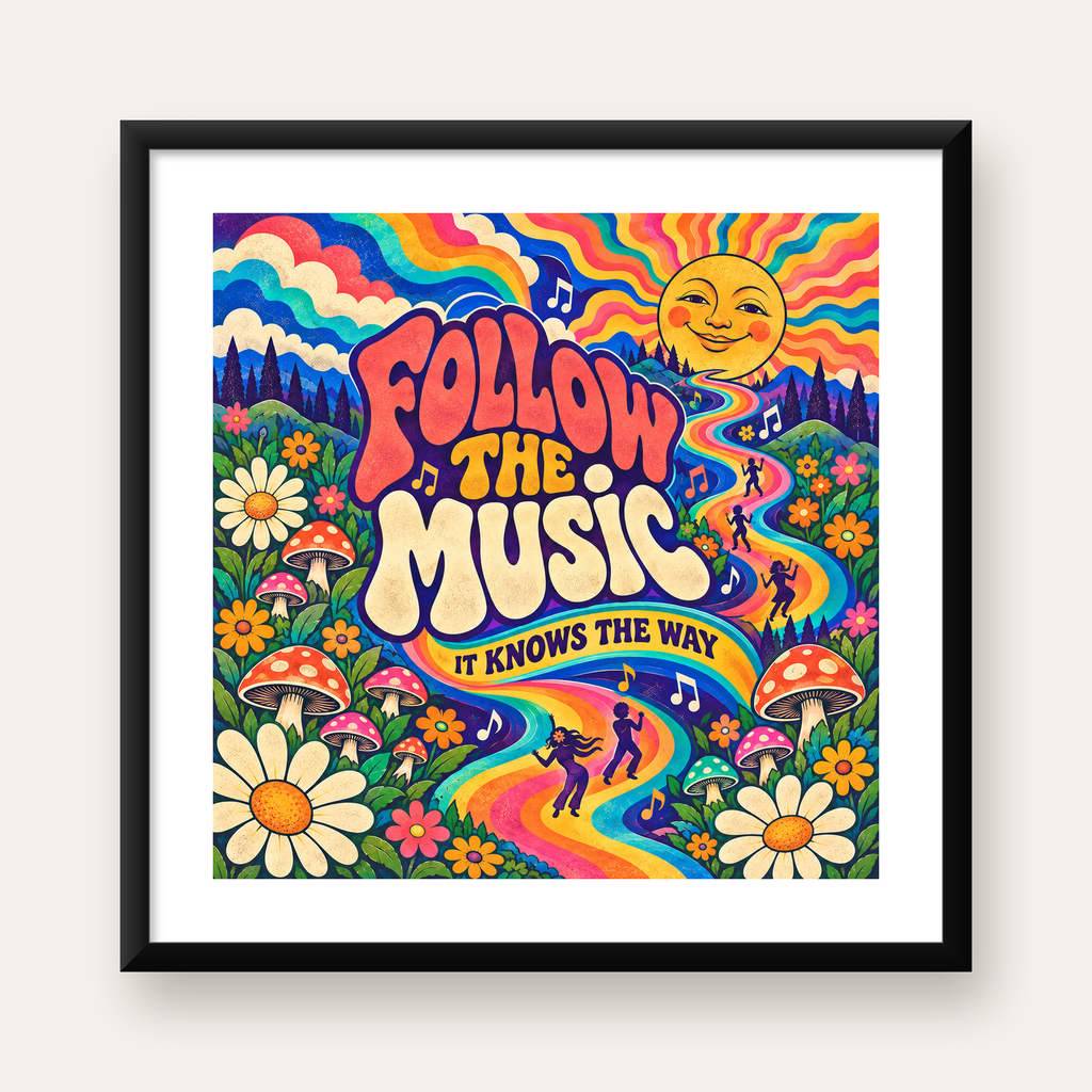 Psikedelik Müzik ve Doğa Temalı Renkli Poster – Dijital İllüstrasyon — Kare baskı, beyaz paspartulu