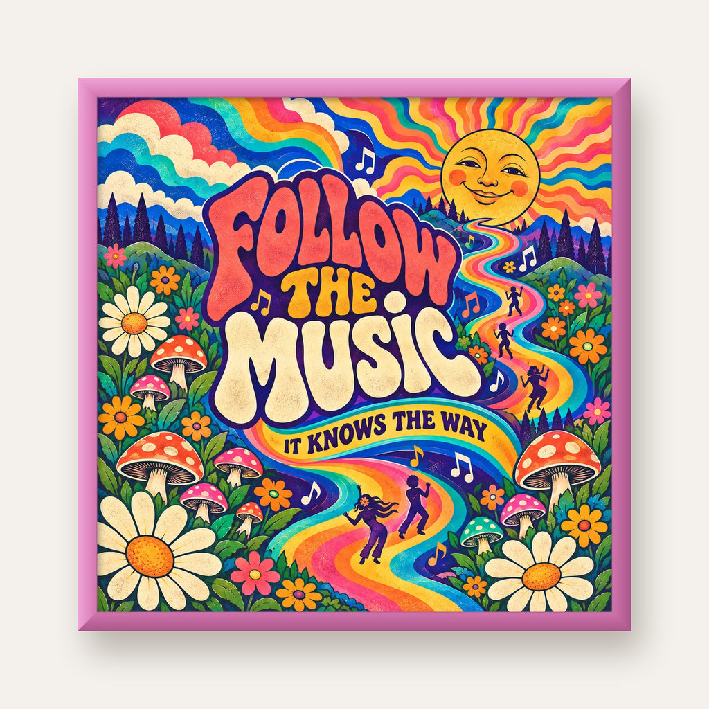 Psikedelik Müzik ve Doğa Temalı Renkli Poster – Dijital İllüstrasyon — pembe çerçeveli
