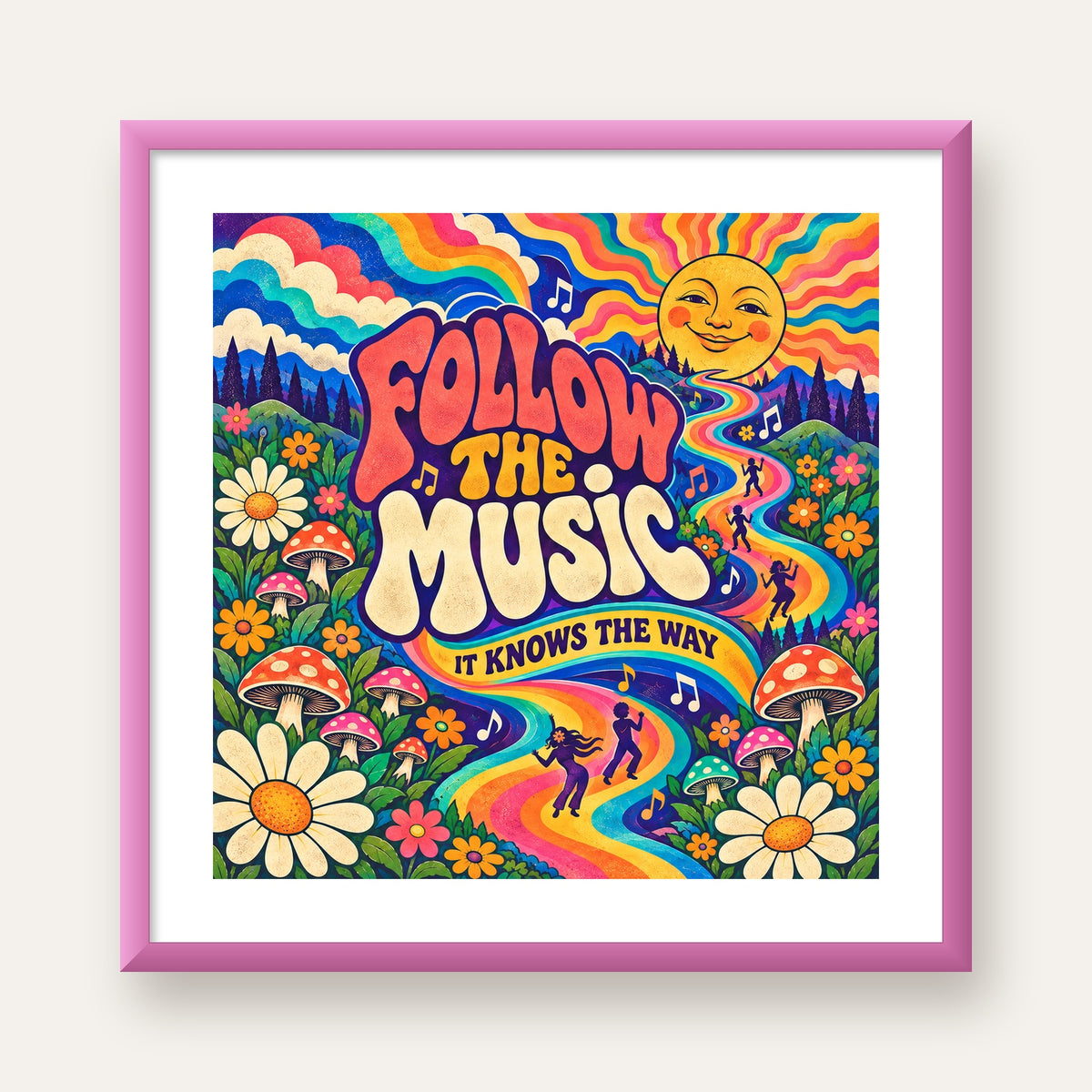 Psikedelik Müzik ve Doğa Temalı Renkli Poster – Dijital İllüstrasyon — pembe çerçeveli paspartulu