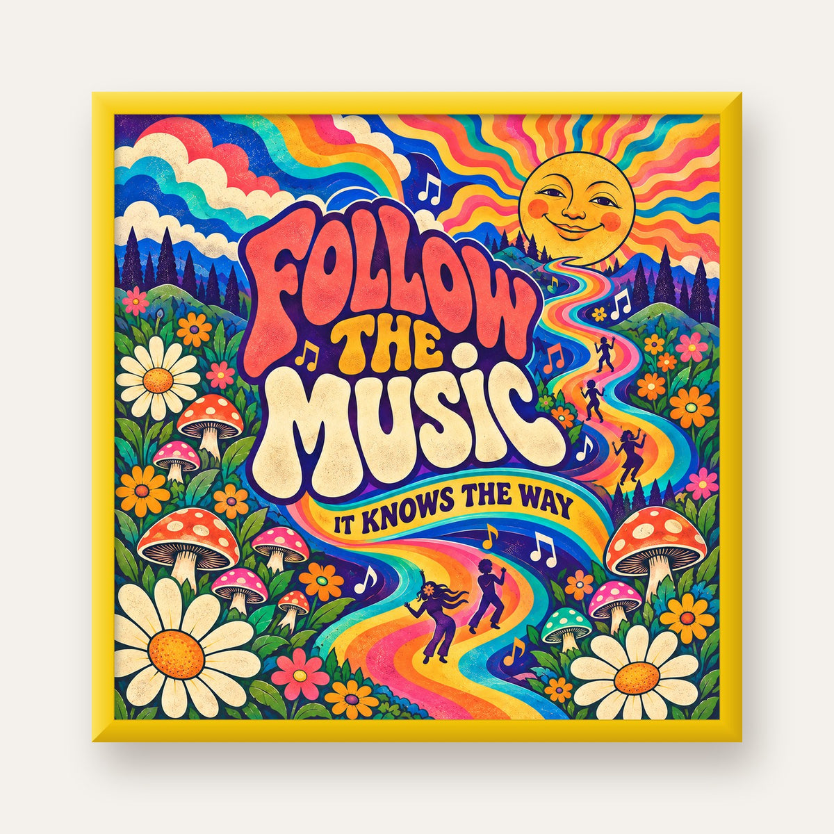 Psikedelik Müzik ve Doğa Temalı Renkli Poster – Dijital İllüstrasyon — sarı çerçeveli