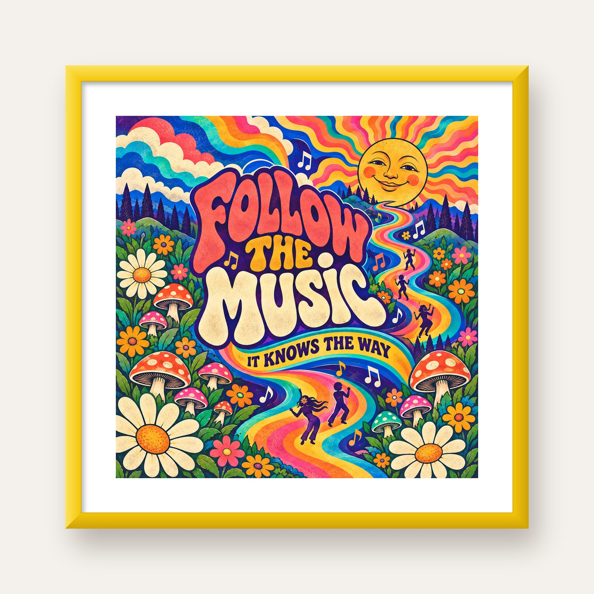 Psikedelik Müzik ve Doğa Temalı Renkli Poster – Dijital İllüstrasyon — sarı çerçeveli paspartulu