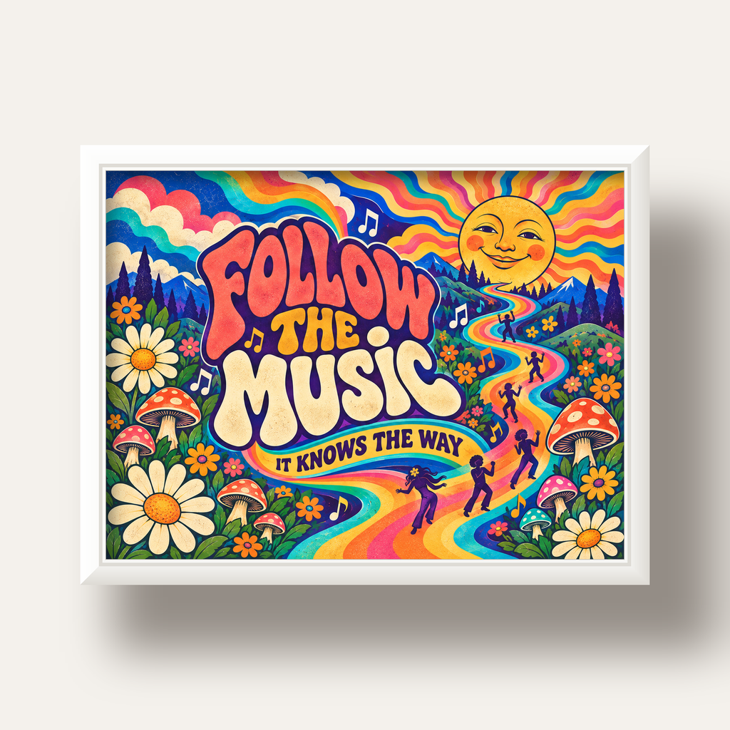 Psikedelik Müzik ve Doğa Temalı Renkli Poster – Dijital İllüstrasyon — beyaz derin çerçeveli