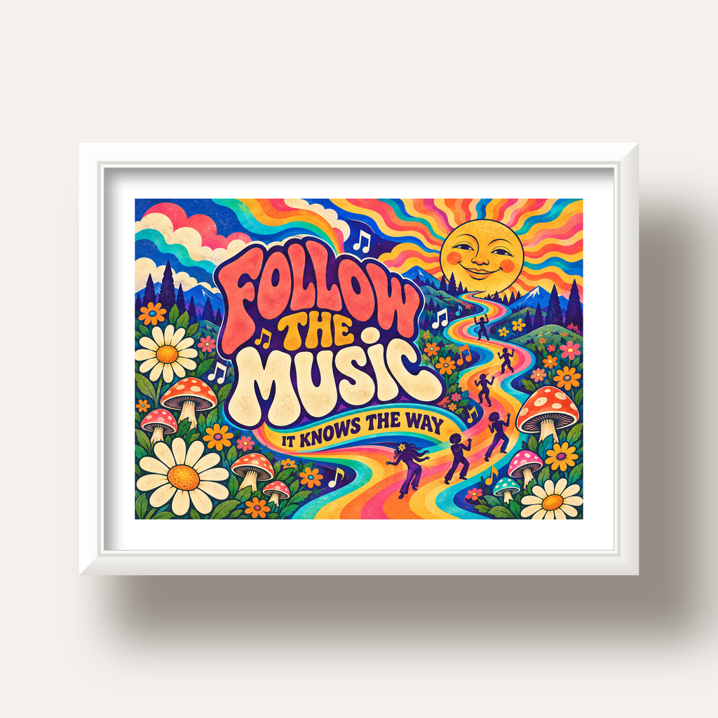Psikedelik Müzik ve Doğa Temalı Renkli Poster – Dijital İllüstrasyon — beyaz derin çerçeveli paspartulu