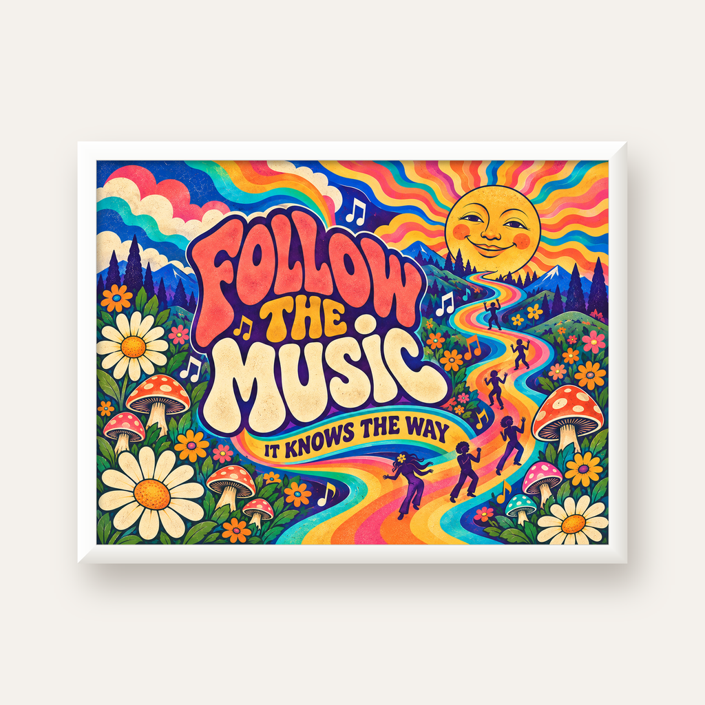 Psikedelik Müzik ve Doğa Temalı Renkli Poster – Dijital İllüstrasyon — beyaz çerçeveli yatay poster