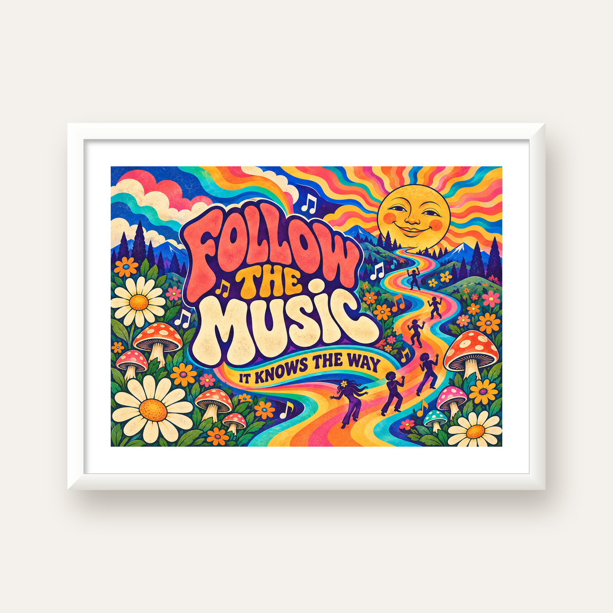 Psikedelik Müzik ve Doğa Temalı Renkli Poster – Dijital İllüstrasyon — beyaz çerçeveli yatay poster