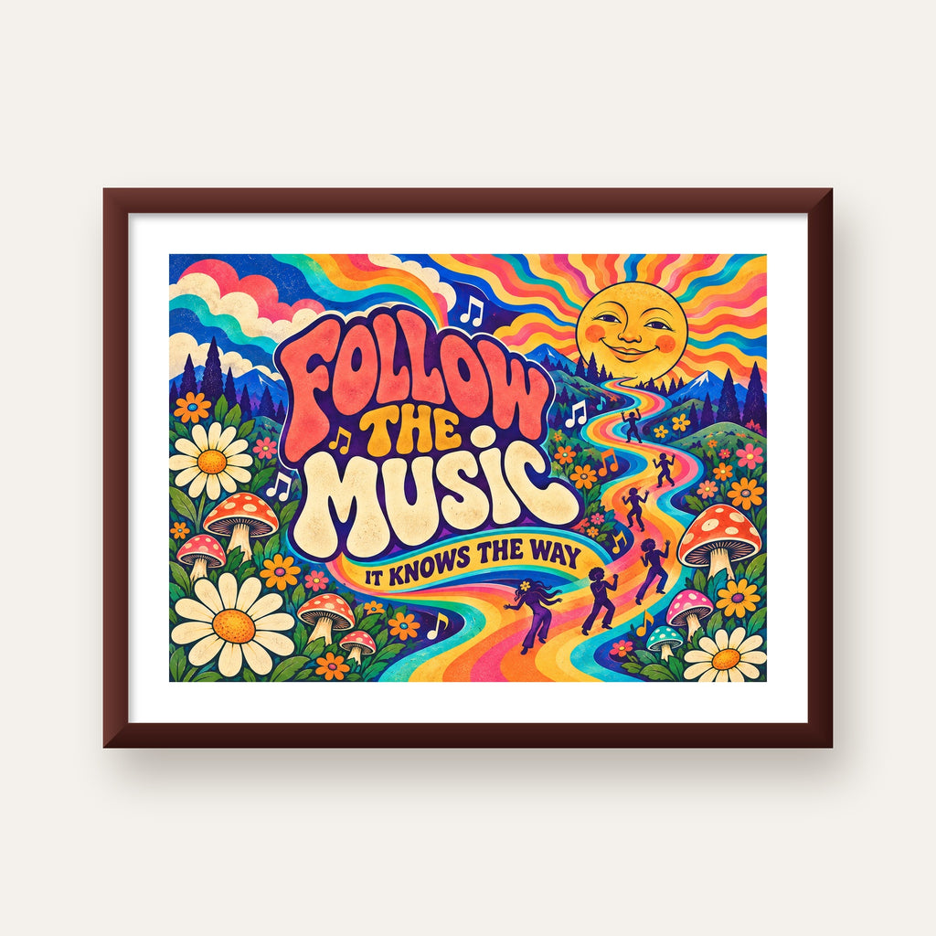 Psikedelik Müzik ve Doğa Temalı Renkli Poster – Dijital İllüstrasyon — ceviz çerçeveli paspartulu