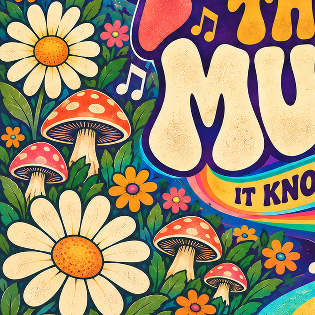 Psikedelik Müzik ve Doğa Temalı Renkli Poster – Dijital İllüstrasyon — baskının yakın çekimi, kâğıt dokusu ve renk detayı