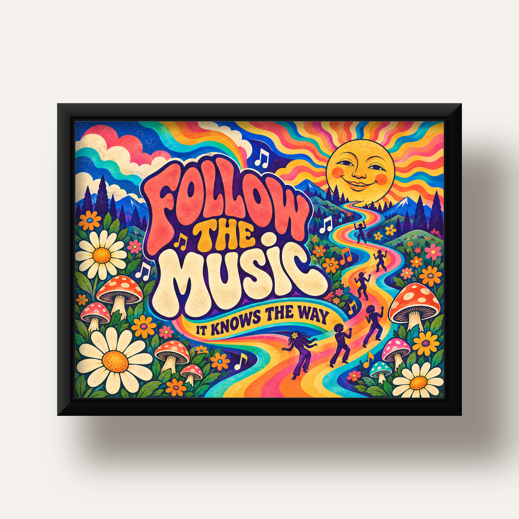 Psikedelik Müzik ve Doğa Temalı Renkli Poster – Dijital İllüstrasyon — siyah derin çerçeveli