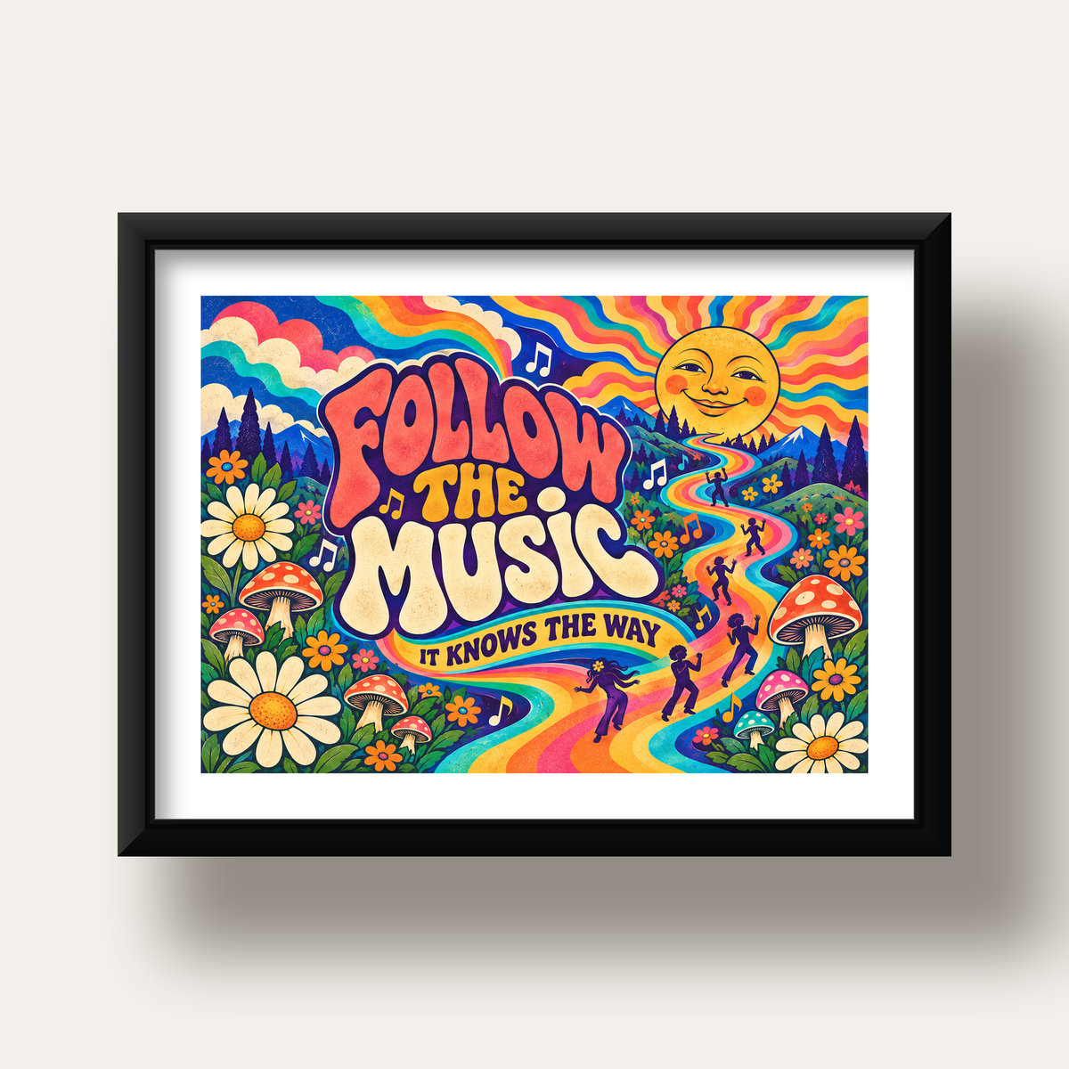 Psikedelik Müzik ve Doğa Temalı Renkli Poster – Dijital İllüstrasyon — siyah derin çerçeveli paspartulu