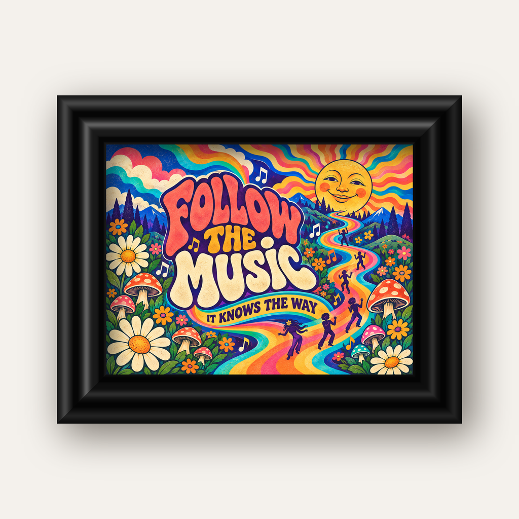 Psikedelik Müzik ve Doğa Temalı Renkli Poster – Dijital İllüstrasyon — siyah galeri çerçeveli
