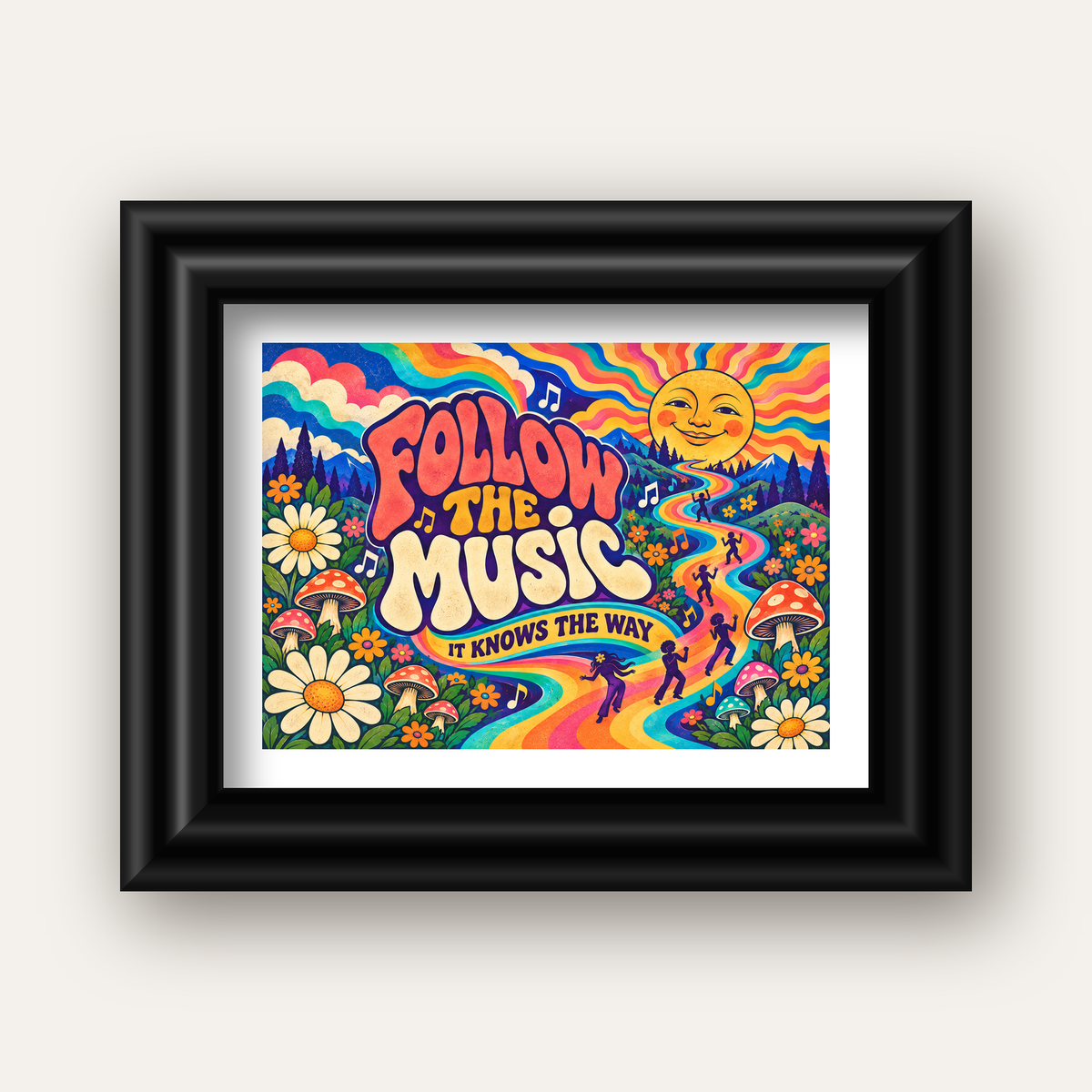 Psikedelik Müzik ve Doğa Temalı Renkli Poster – Dijital İllüstrasyon — siyah galeri çerçeveli paspartulu