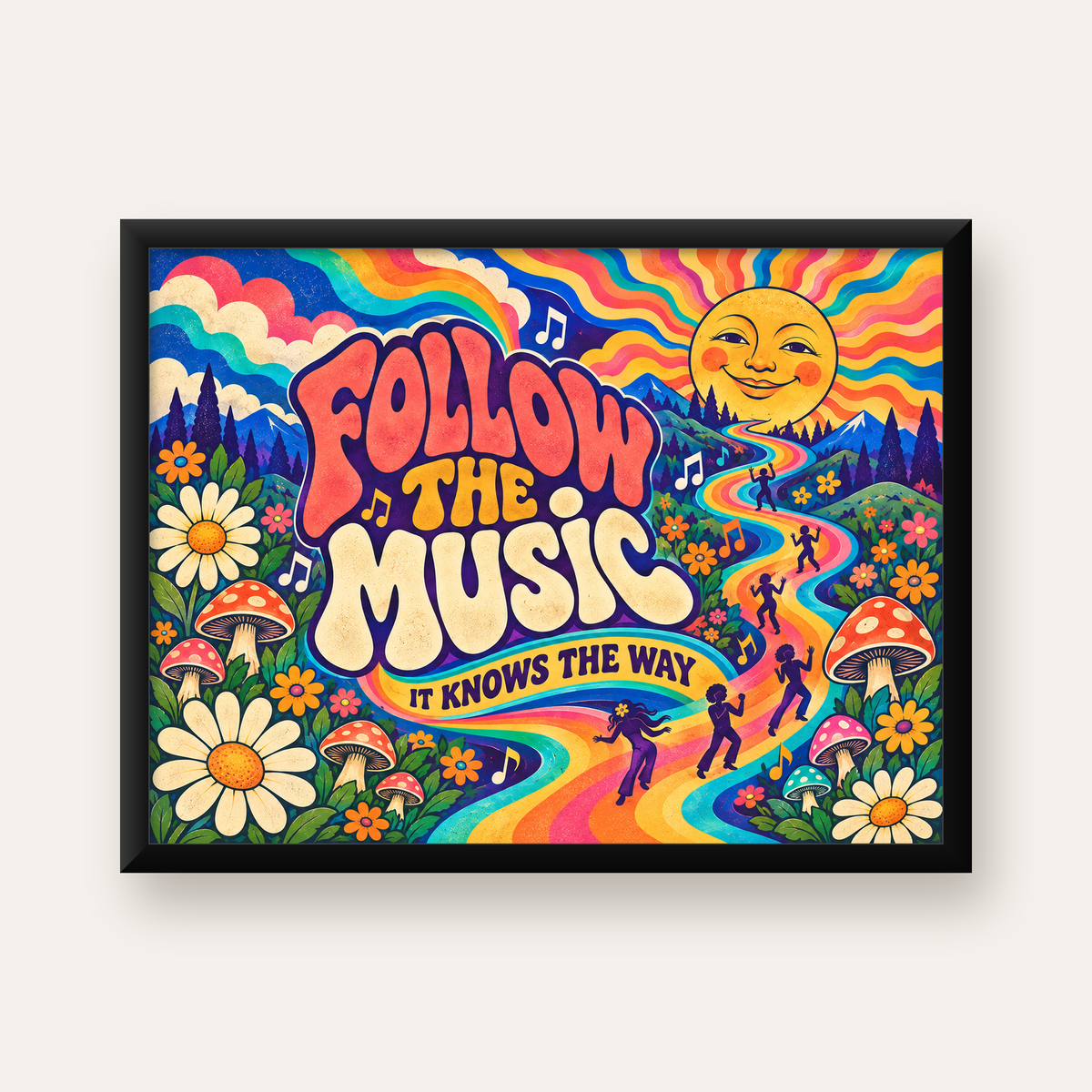 Psikedelik Müzik ve Doğa Temalı Renkli Poster – Dijital İllüstrasyon — Yatay baskı, düz siyah çerçeveli duvar posteri