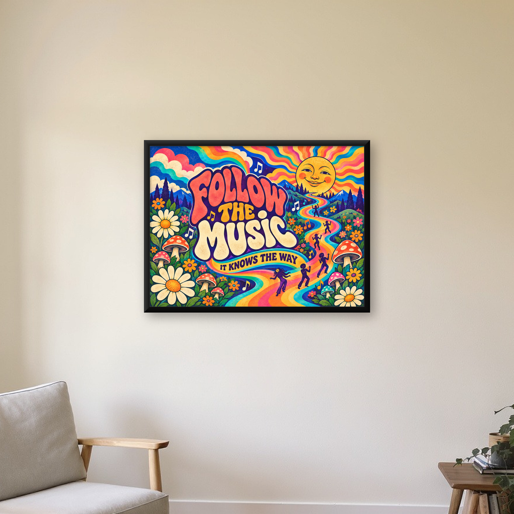 Psikedelik Müzik ve Doğa Temalı Renkli Poster – Dijital İllüstrasyon — Yatay baskı, çerçeveli hâliyle bir ev duvarında