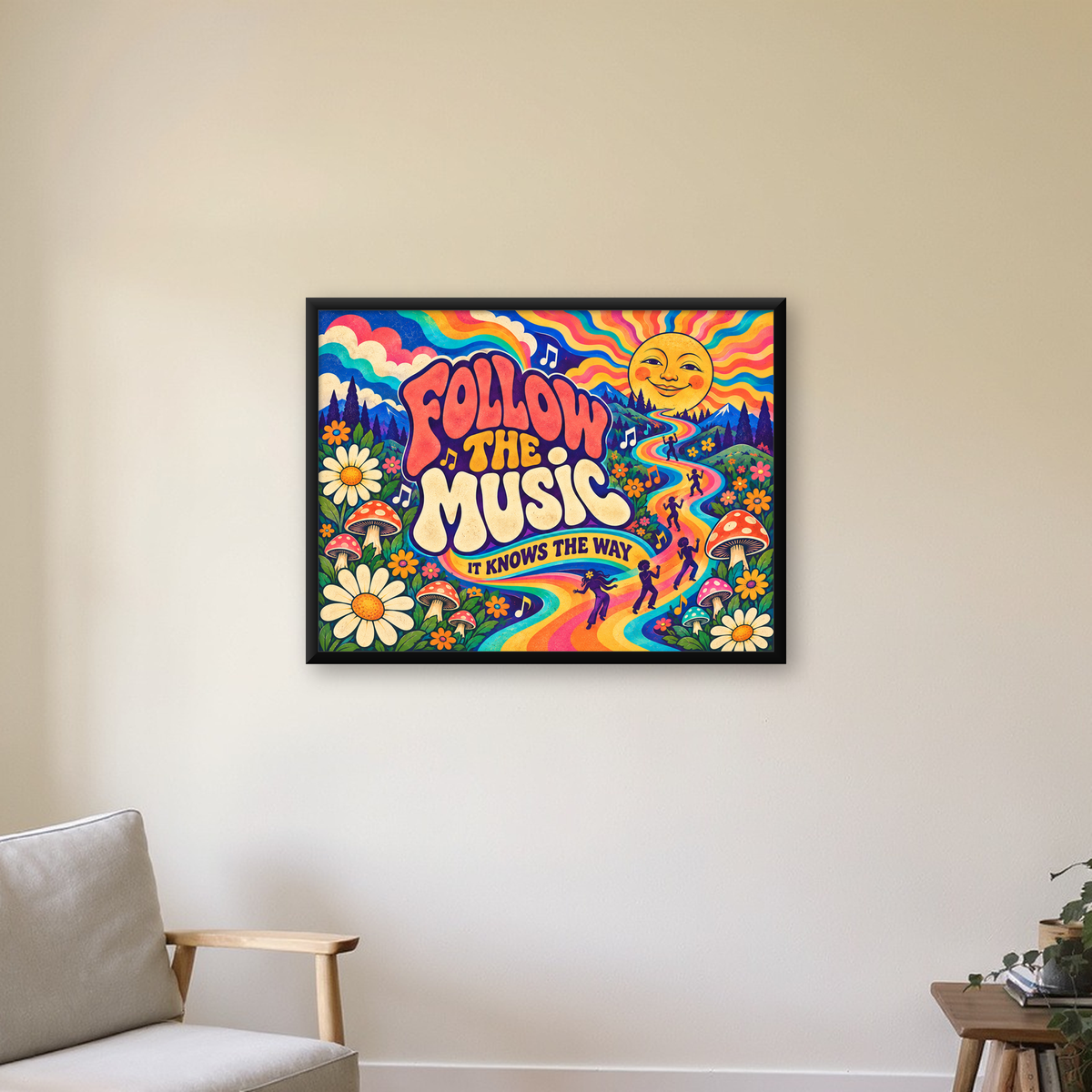 Psikedelik Müzik ve Doğa Temalı Renkli Poster – Dijital İllüstrasyon — Yatay baskı, çerçeveli hâliyle bir ev duvarında