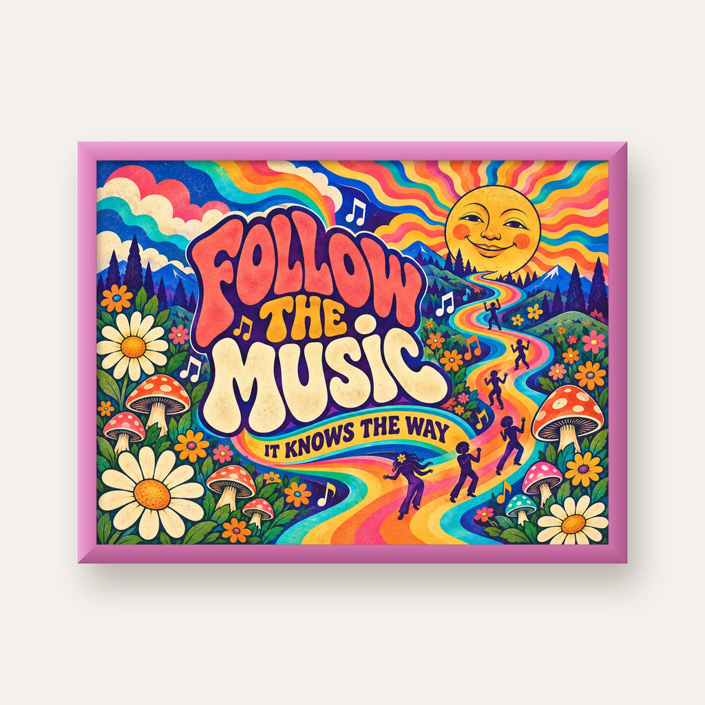 Psikedelik Müzik ve Doğa Temalı Renkli Poster – Dijital İllüstrasyon — pembe çerçeveli